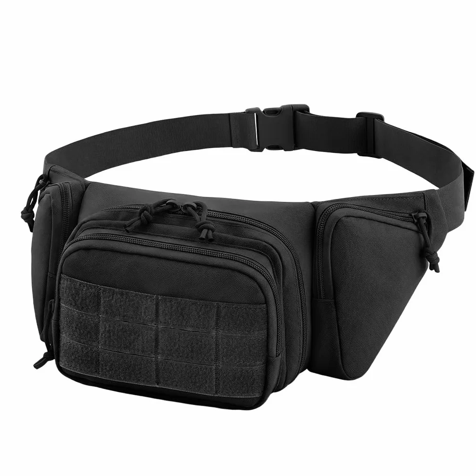 Marsupio con 5 Tasche, Marsupio Tattico da Uomo, Bum Bag Cintura Regolabile Singola Spalla per Allenamento All'aperto Escursionismo Campeggio, Nero