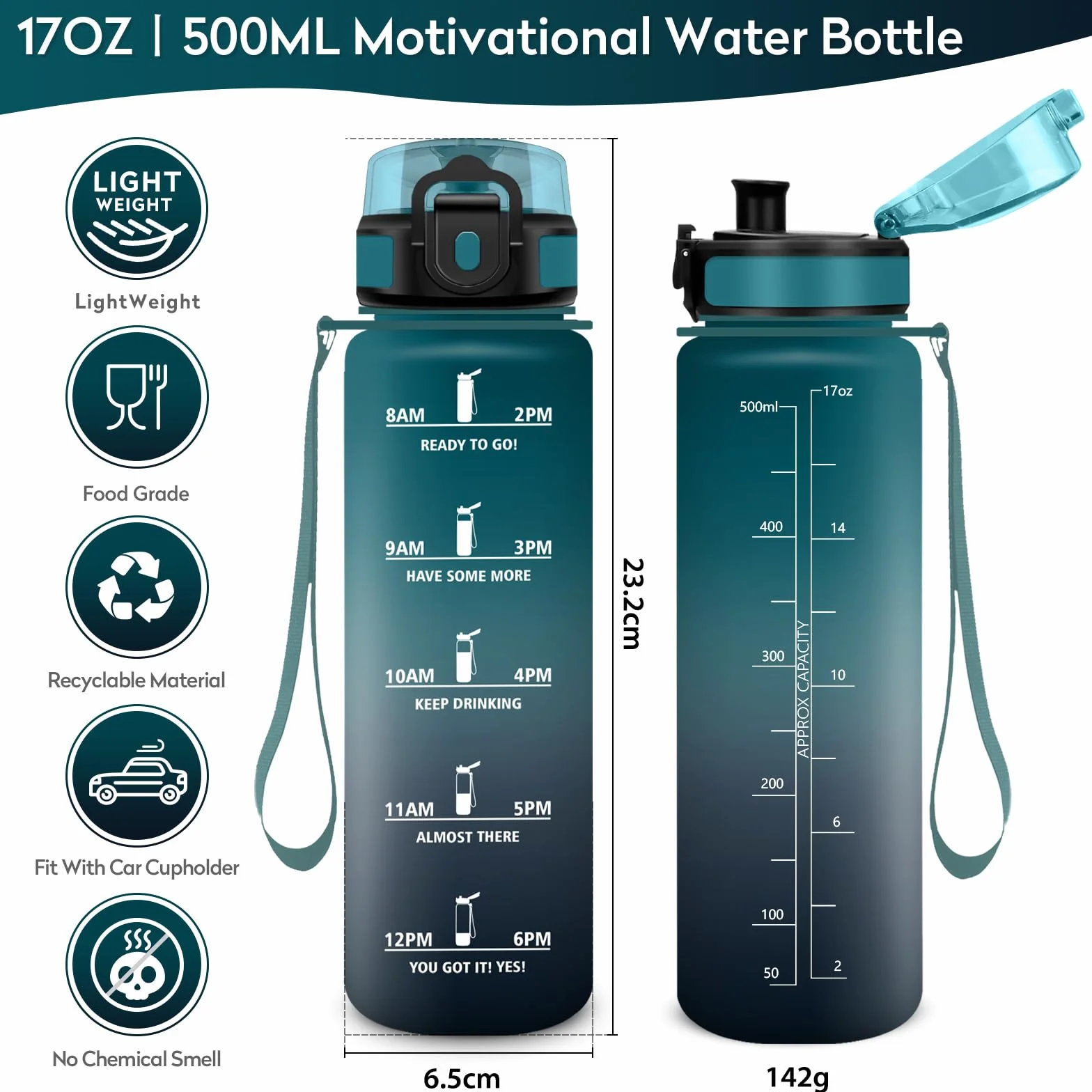 KollyKolla Borraccia 500ml Riutilizzabile con Filtro, Indicatore del Tempo, Senza BPA, A Prova di Perdite per Bambini Scuola Ufficio