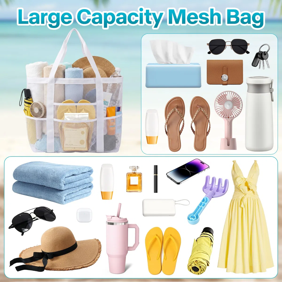 Borsa Mare Grande XXL Famiglia, Borsa da Spiaggia in Rete, Borsas Mare Donna, Bag Spiaggia Pieghevole, Traspirante, Moda, Pratica, per Nuotare, Campeggiare, Viaggiare, Fare Shopping