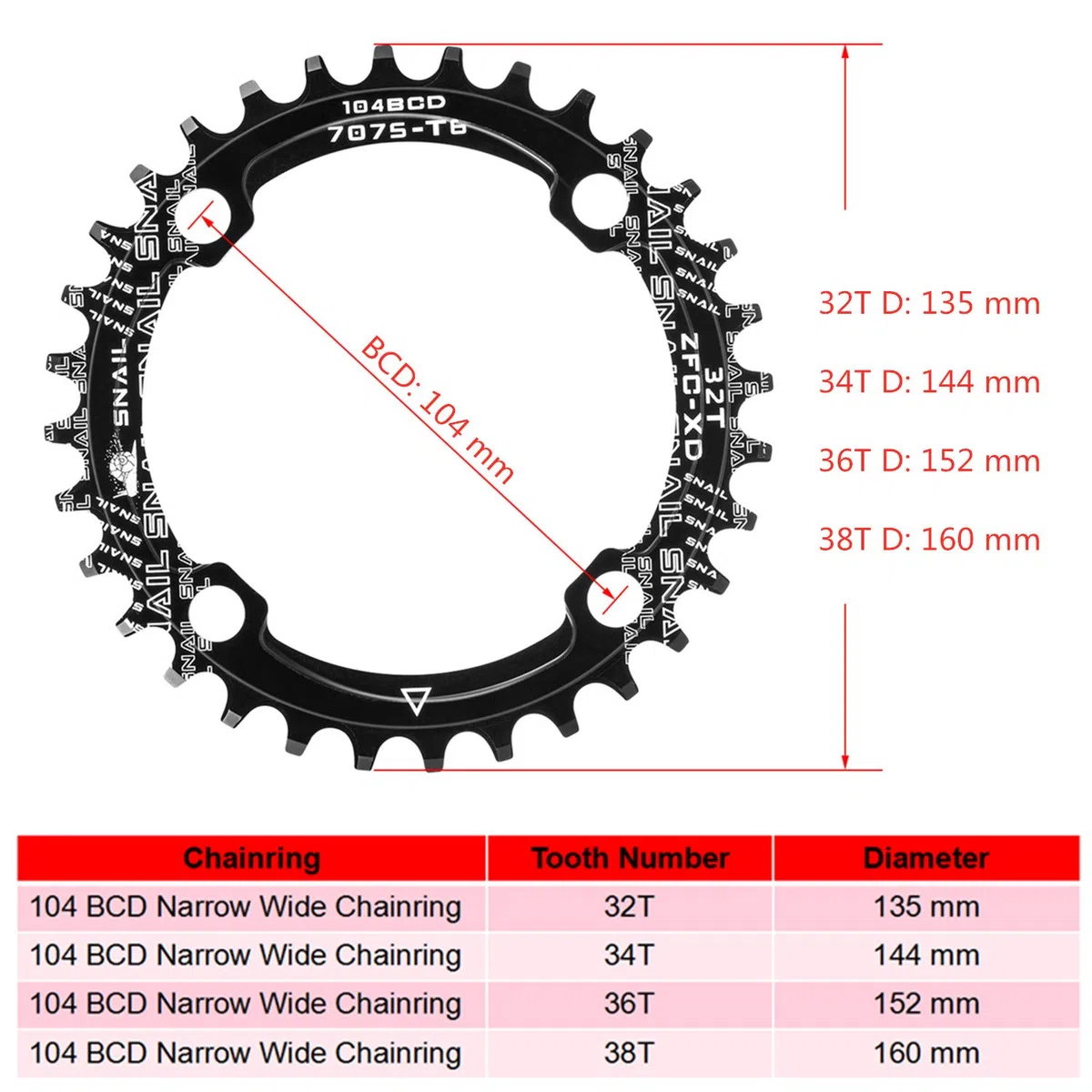 BOAO Corona 104 BCD 32T 34T 36T 38T Anello Catena Singola Stretta Larga con 4 bulloni per pignone per Bici da Strada, Mountain Bike, BMX MTB (Nero, 32T)