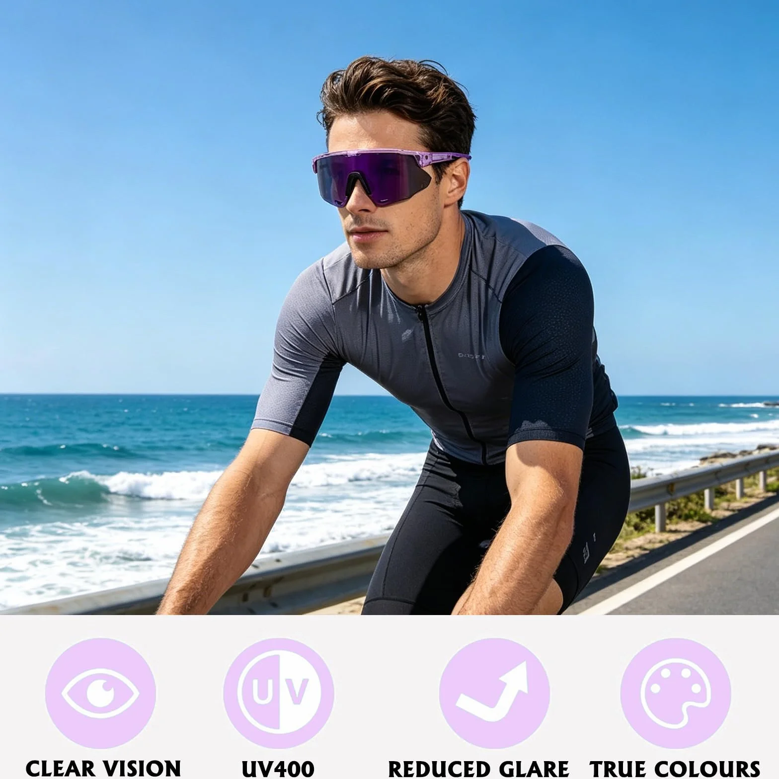 2 PCS Occhiali Ciclismo, Occhiali da Sole da Uomo Donna, Occhiali Sportivi Protezione UV Antivento Polarized Sunglasses Uomo per Attività All'aria Aperta Corsa Mountain Ciclismo, con 2 Cordino