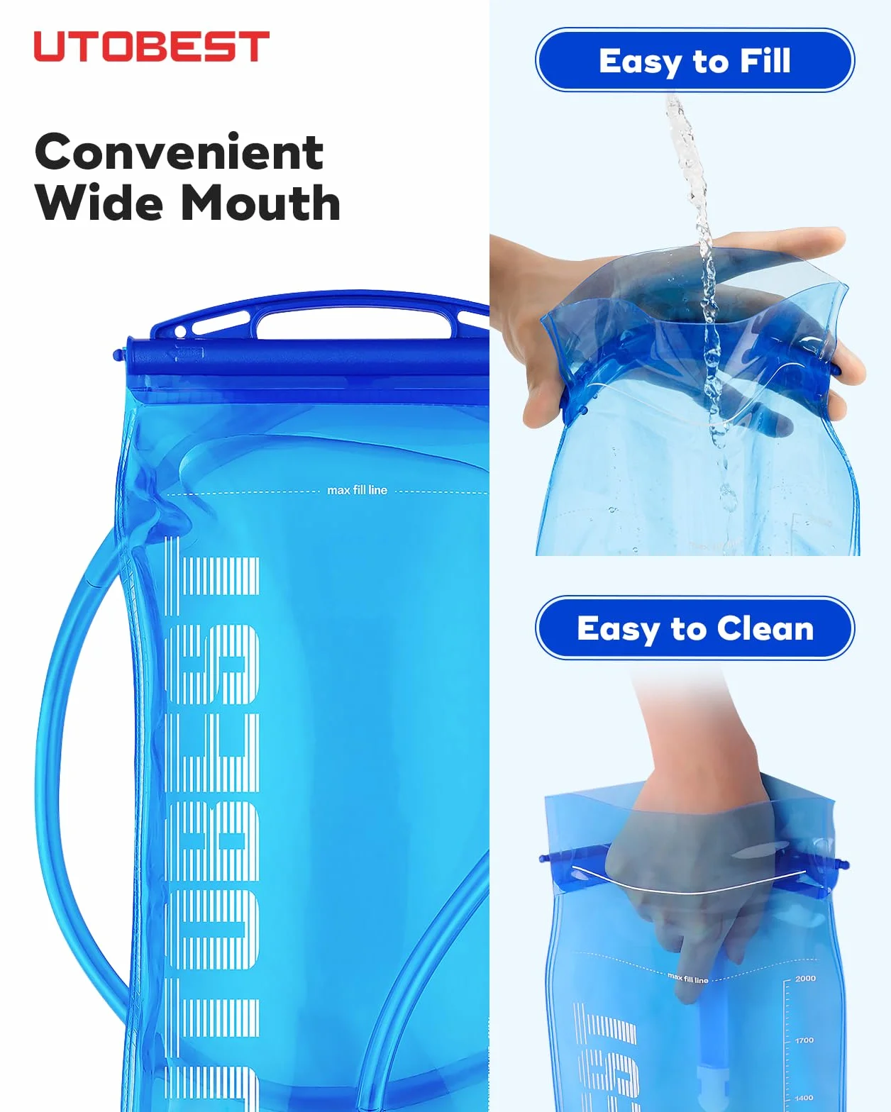 UTOBEST Sacca Acqua Idratazione 1L 1.5L 2L 3L Senza BPA Serbatoio a Prova di Perdite per Corsa Ciclismo Campeggio