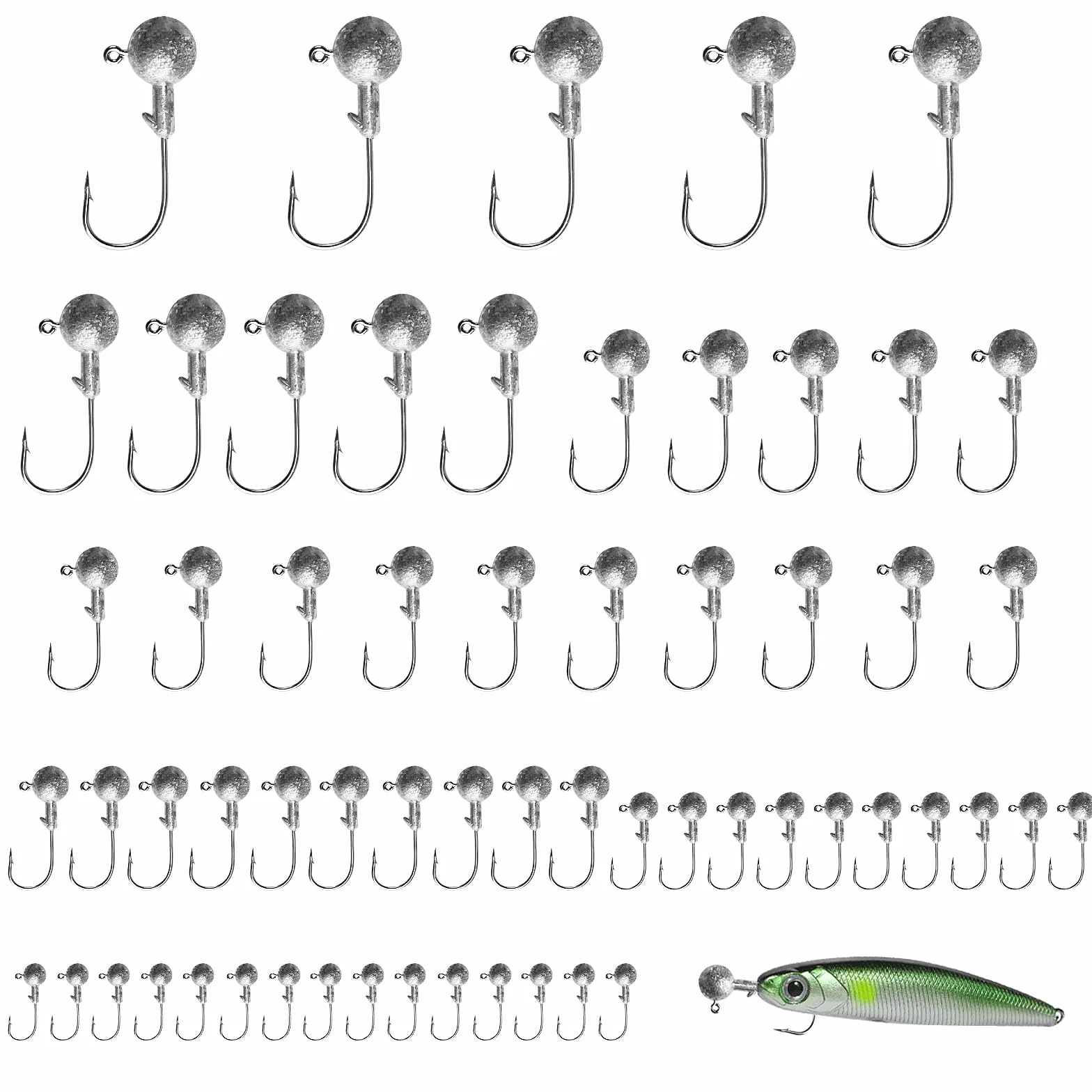 Set di 60 piccole testine jig, 7 misure di ami da pesca, ami jig per esche morbide, testine jig per esche morbide, accessori da pesca (1 g, 2 g, 3,5 g, 5 g, 7 g, 10 g, 12 g)