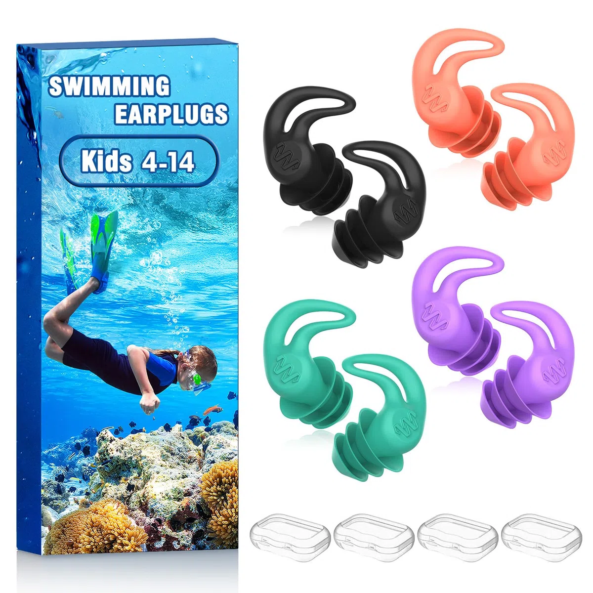 Tappi orecchie piscina bambini – 4 paia impermeabili riutilizzabili in morbido silicone tappi per le orecchie per doccia, nuoto, surf, snorkeling e altri sport acquatici
