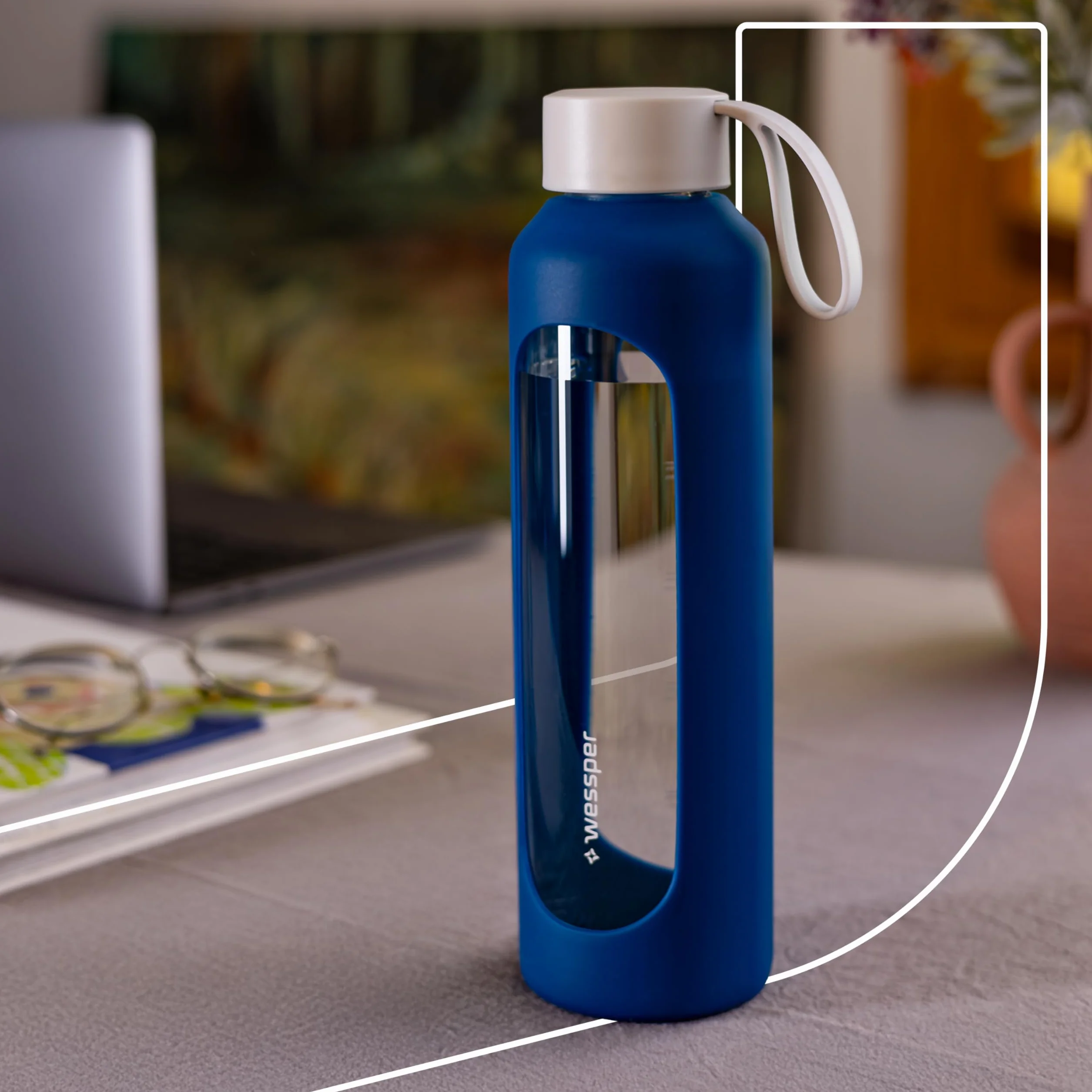 Wessper Borraccia 500 ml, bottiglia motivazionale in vetro borosilicato con custodia in silicone, senza BPA – Blu