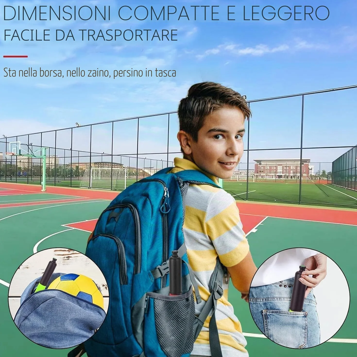 Pompa da calcio manuale con 5 aghi e cavo estensibile per palloni da calcio, pallacanestro, pallavolo