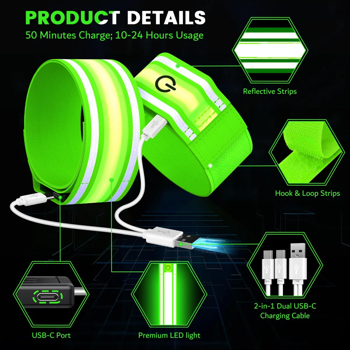 Ylzzrs Fascia da Braccio a LED per Corsa (Confezione da 2), Fasce Luminose per Passeggiate notturne, luci Ricaricabili per corridori, ad Alta visibilità, Riflettenti, Regolabili e Luminose (Green, M)