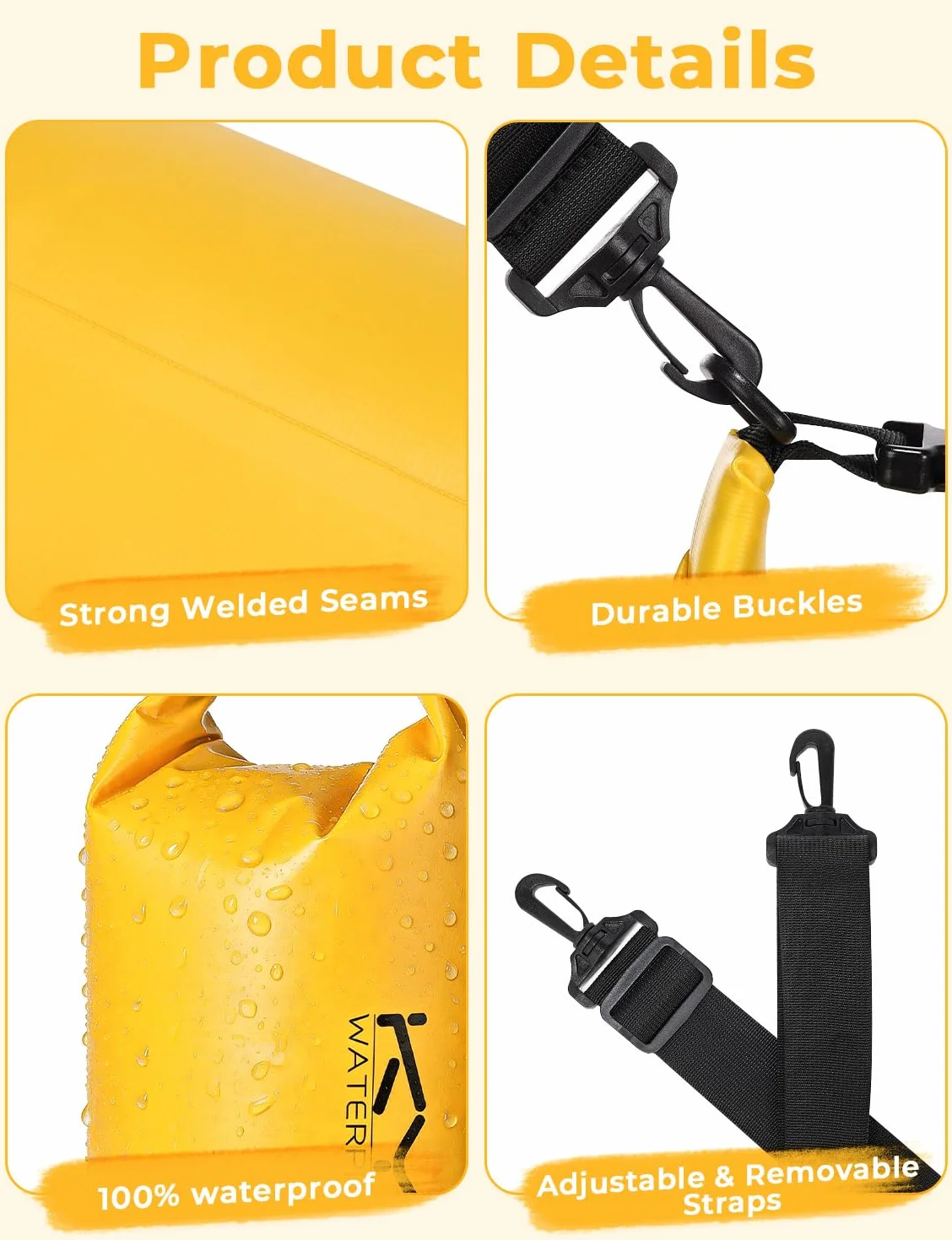 KYG Borsa Impermeabile, 2L/5L/10L Sacca Stagna in PVC, Saldata senza Cuciture – Leggera, Resistente e Galleggiante per Rafting, Trekking Fluviale, kayak, Spiaggia e Campeggio 5L Giallo