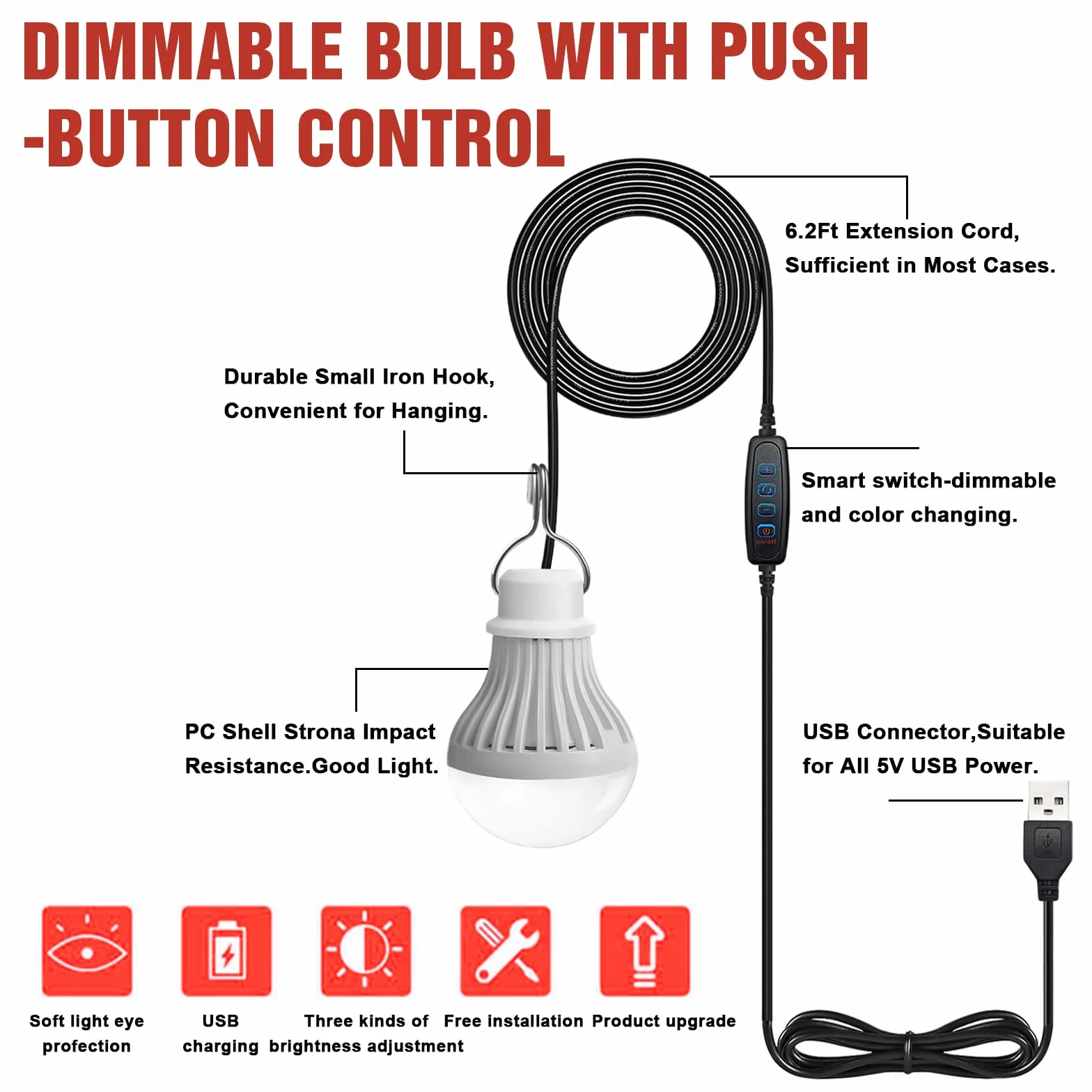 Set di 2 lampade da campeggio LED USB ricaricabili 7 W - Lampada da tenda con intensità variabile - 3 modalità di illuminazione 2700-5000 K - Luce di emergenza con gancio - Funziona con pile