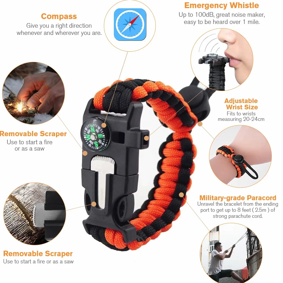 flintronic Braccialetto Paracord Sopravvivenza Kit, Bracciale Sopravvivenza, Braccialetto Sopravvivenza, con Flint/Lampada/Bussola/Termometro/Fischietto, Kit di Emergenza per Escursionismo Campeggio