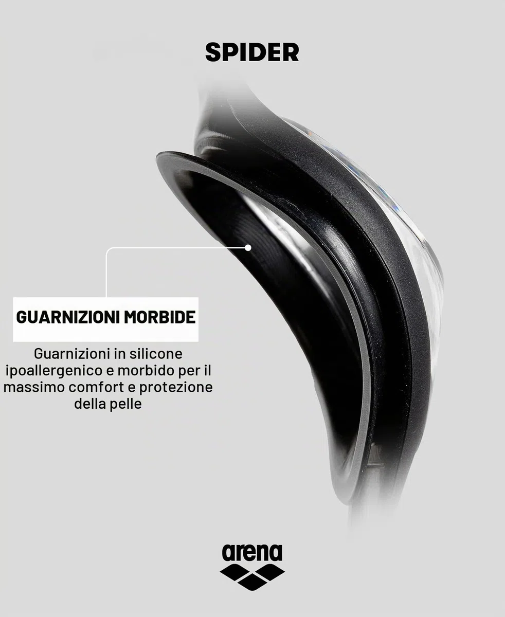 Arena Spider Occhialini Nuoto Anti-Appannamento Unisex Adulto, Occhialini Piscina con Protezione UV, Ponte Nasale Autoregolante, Guarnizioni in Silicone Ipoallergenico