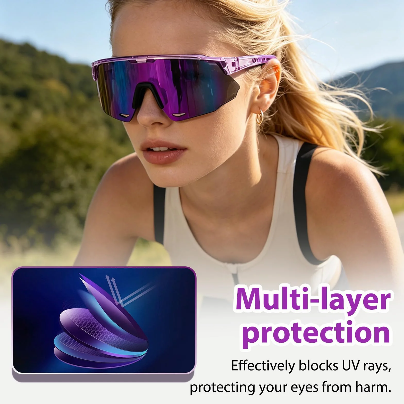 2 PCS Occhiali Ciclismo, Occhiali da Sole da Uomo Donna, Occhiali Sportivi Protezione UV Antivento Polarized Sunglasses Uomo per Attività All'aria Aperta Corsa Mountain Ciclismo, con 2 Cordino