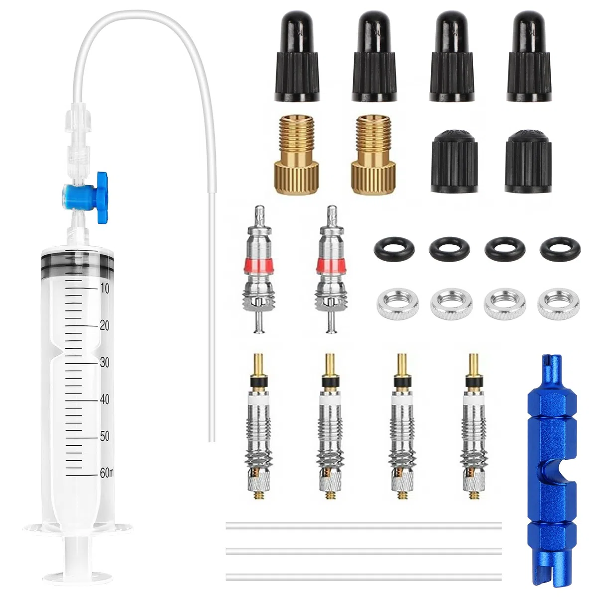 Siringa Tubeless per Bicicletta – 60 ml Kit Riparazione Pneumatici Bici, 29 Pezzi Sealant Injector Set per MTB e Bici da Strada, incl, Rimozione del Nucleo della Valvola