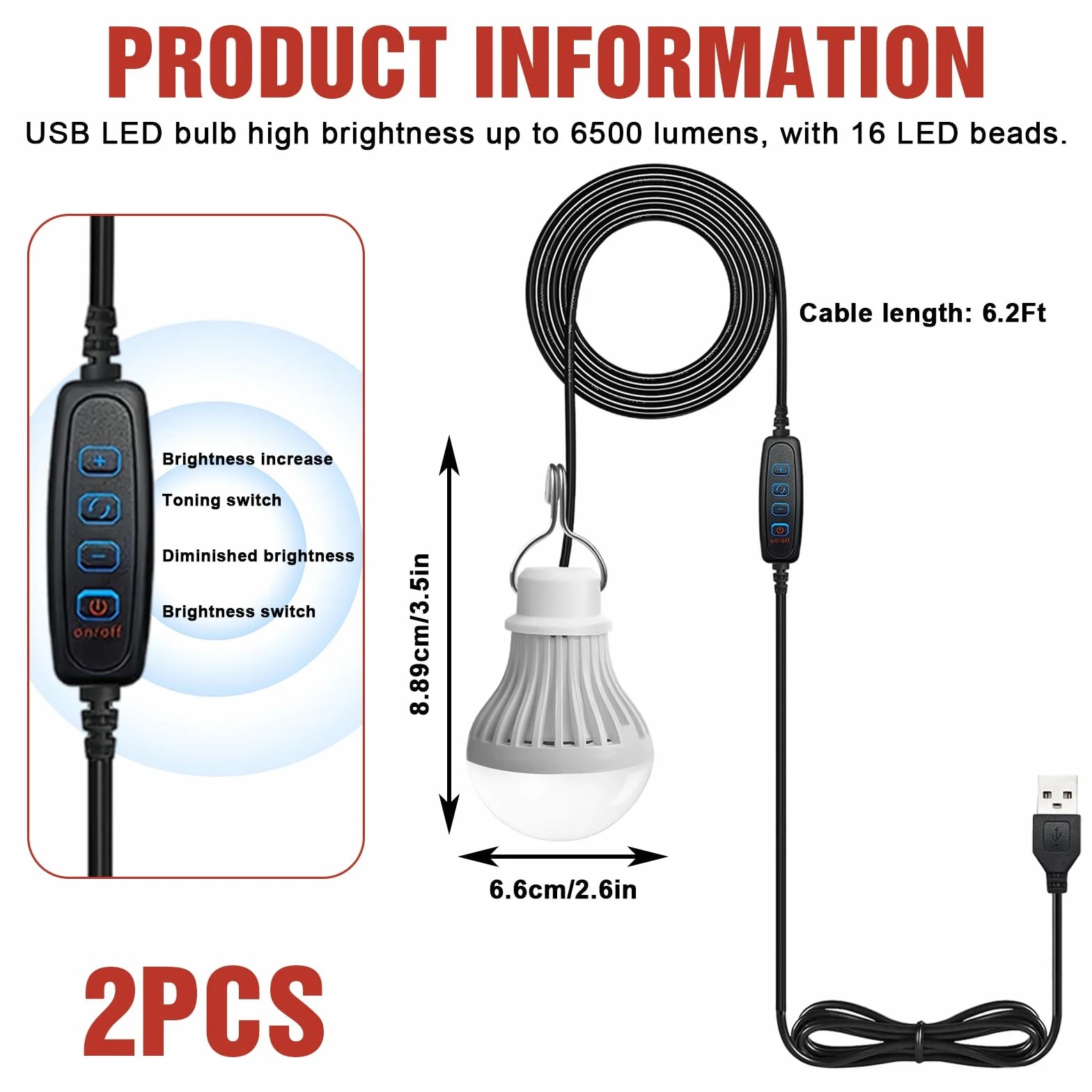 Set di 2 lampade da campeggio LED USB ricaricabili 7 W - Lampada da tenda con intensità variabile - 3 modalità di illuminazione 2700-5000 K - Luce di emergenza con gancio - Funziona con pile
