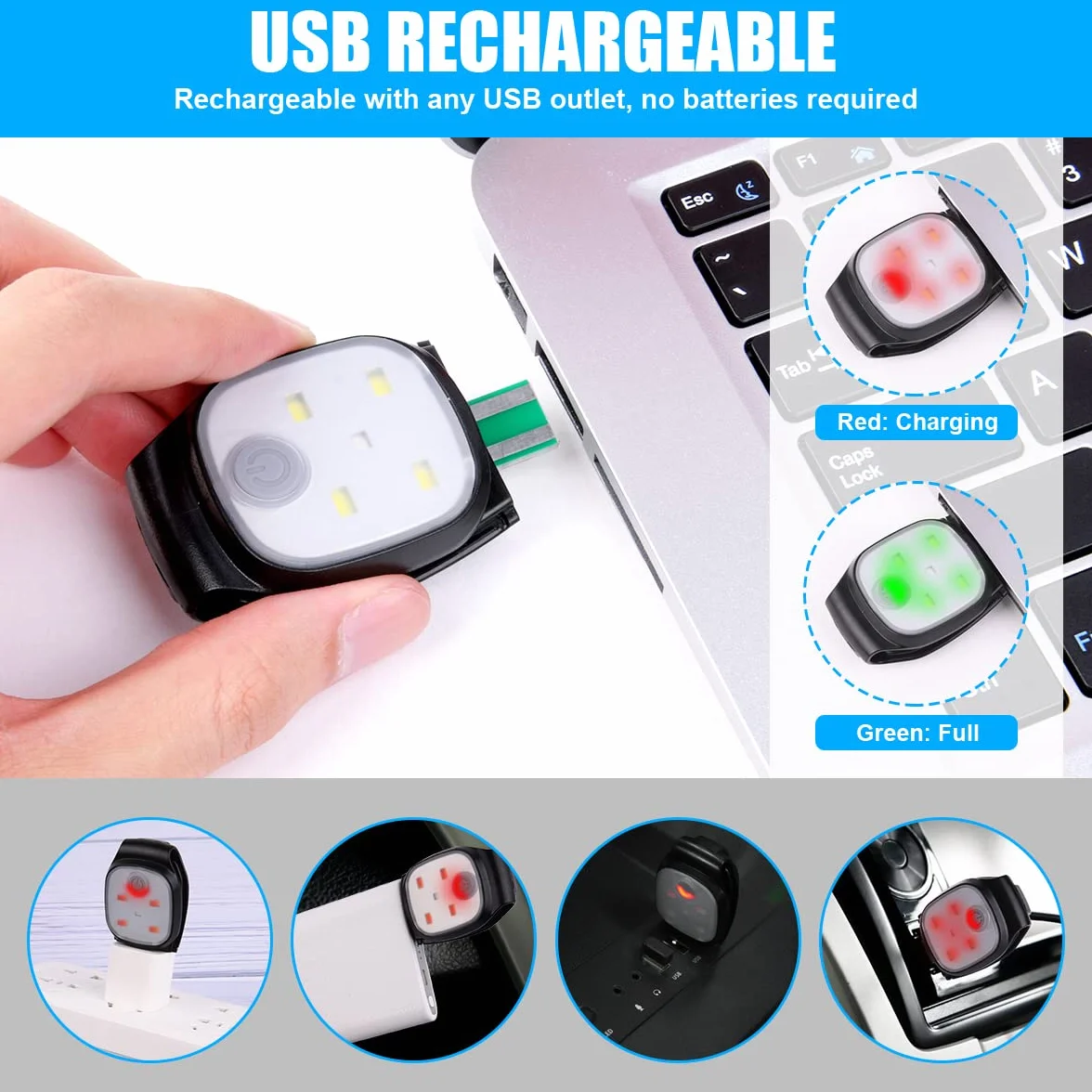 Lampada Frontale a LED Ricaricabile USB Impermeabile con Clip, 4 Modalità Torcia per Corsa Campeggio Ciclismo (2 Pezzi)