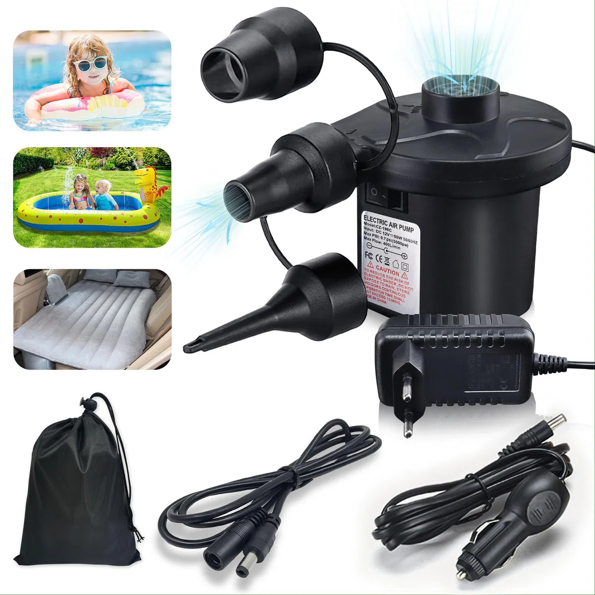 Pompa ad aria elettrica, pompa ad aria per materasso ad aria 2 in 1, pompa elettrica gonfiabile e scarico, pompa ad aria portatile elettrica per materasso, piscina, materasso ad aria, anello di nuoto