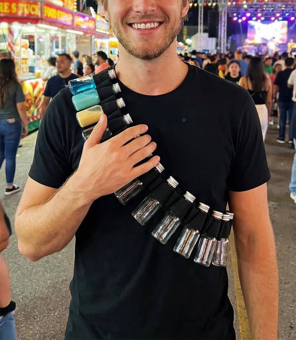 MUCHER Cintura per cartucce 27 fori Berentzen Knocker Portacinture 130cm Cintura per cartucce di grappa Cintura per Jägermeister, grappe, addio al celibato, regalo di festa, Carnevale