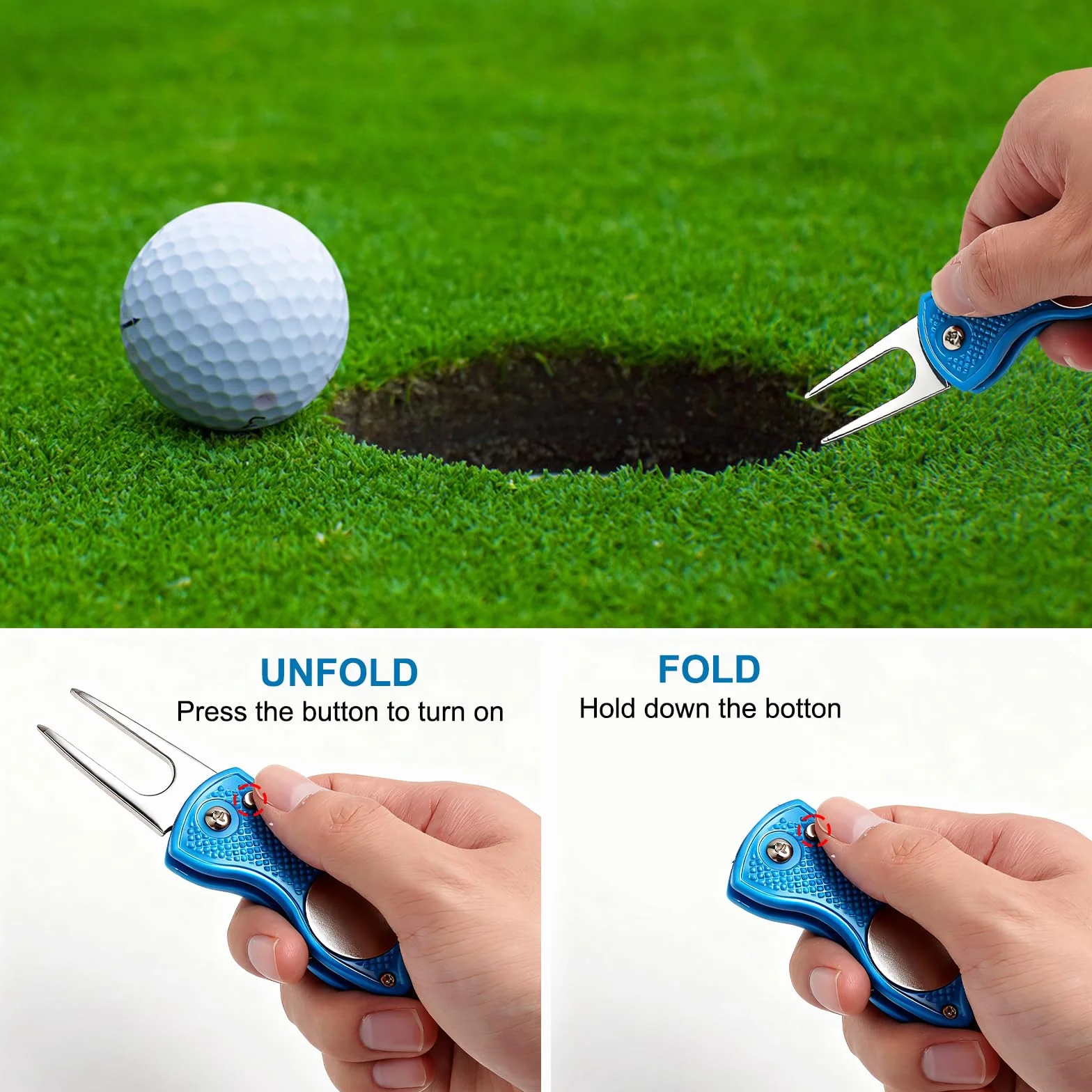 VOSSOT Set 3 Repara Pitch Golf Pieghevoli,Accessori Golf in Acciaio Inossidabile,Strumento Compatto per Divot, Green, Marcatura Palla, Regalo per Golfisti