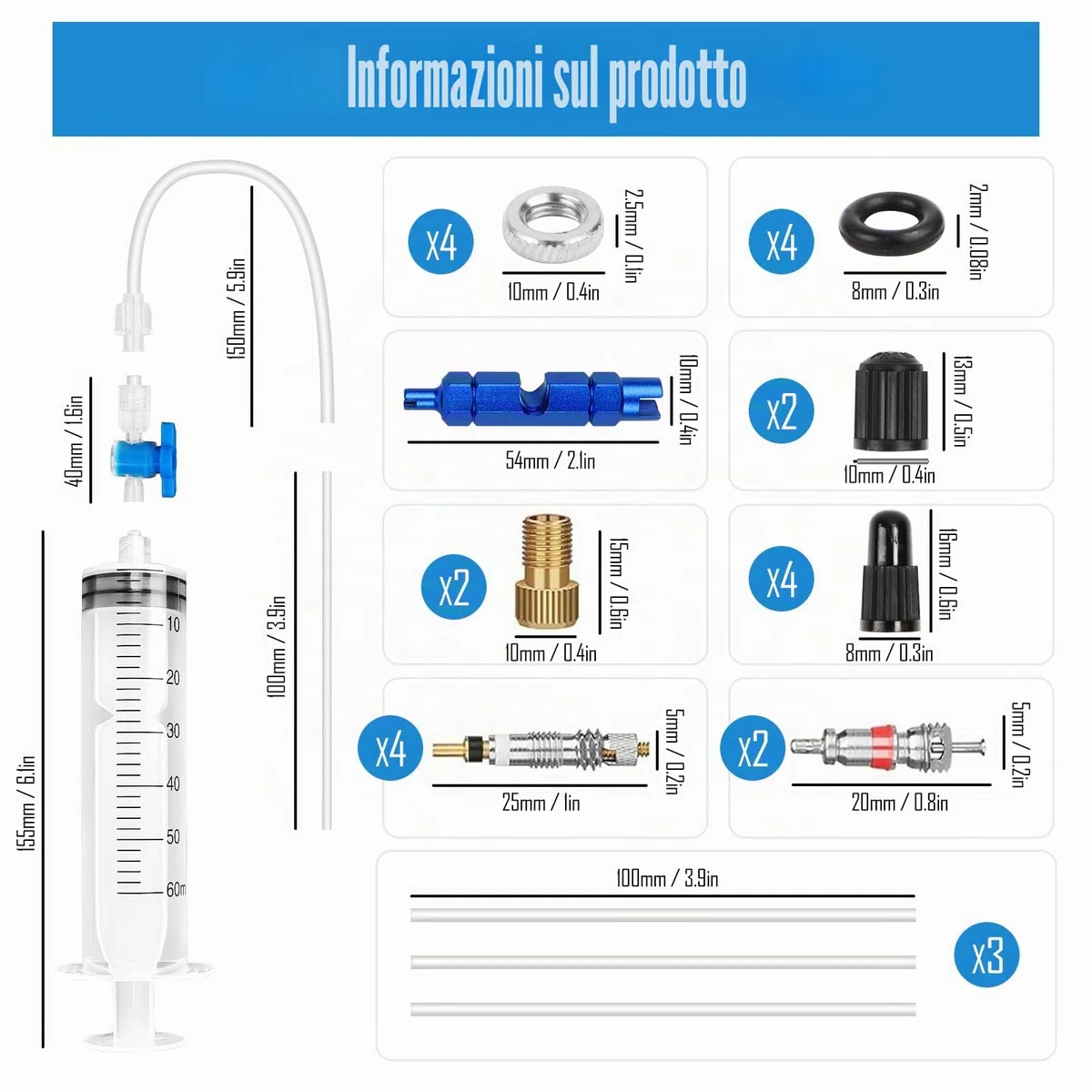 Siringa Tubeless per Bicicletta – 60 ml Kit Riparazione Pneumatici Bici, 29 Pezzi Sealant Injector Set per MTB e Bici da Strada, incl, Rimozione del Nucleo della Valvola