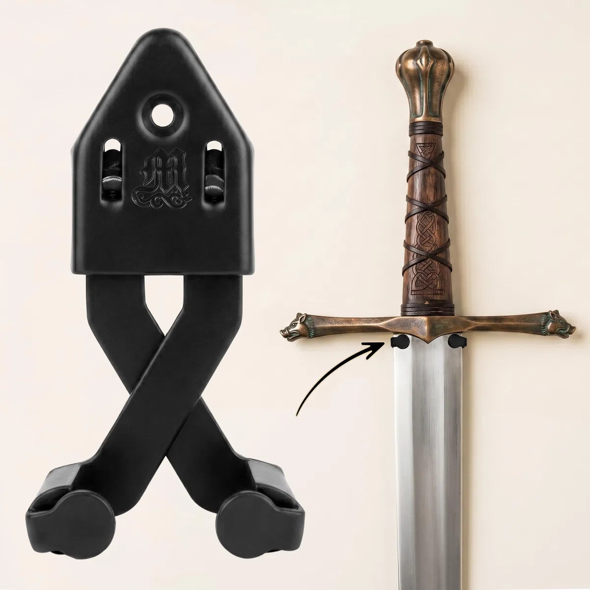 Mythrojan Supporto da parete per spada singola in metallo, supporto verticale da parete, regolabile, multifunzione, supporto decorativo da parete per ascia, coltelli, nero, grande
