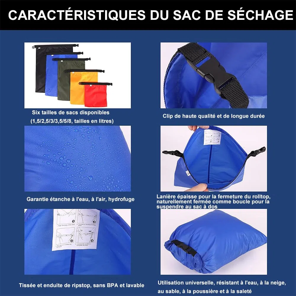 Voarge 6 Pezzi Borsa Impermeabile Leggera, Set di Borse Asciutte per Rafting, Canottaggio, Escursionismo, Campeggio, 1.5/2.5/3/3.5/5/8L