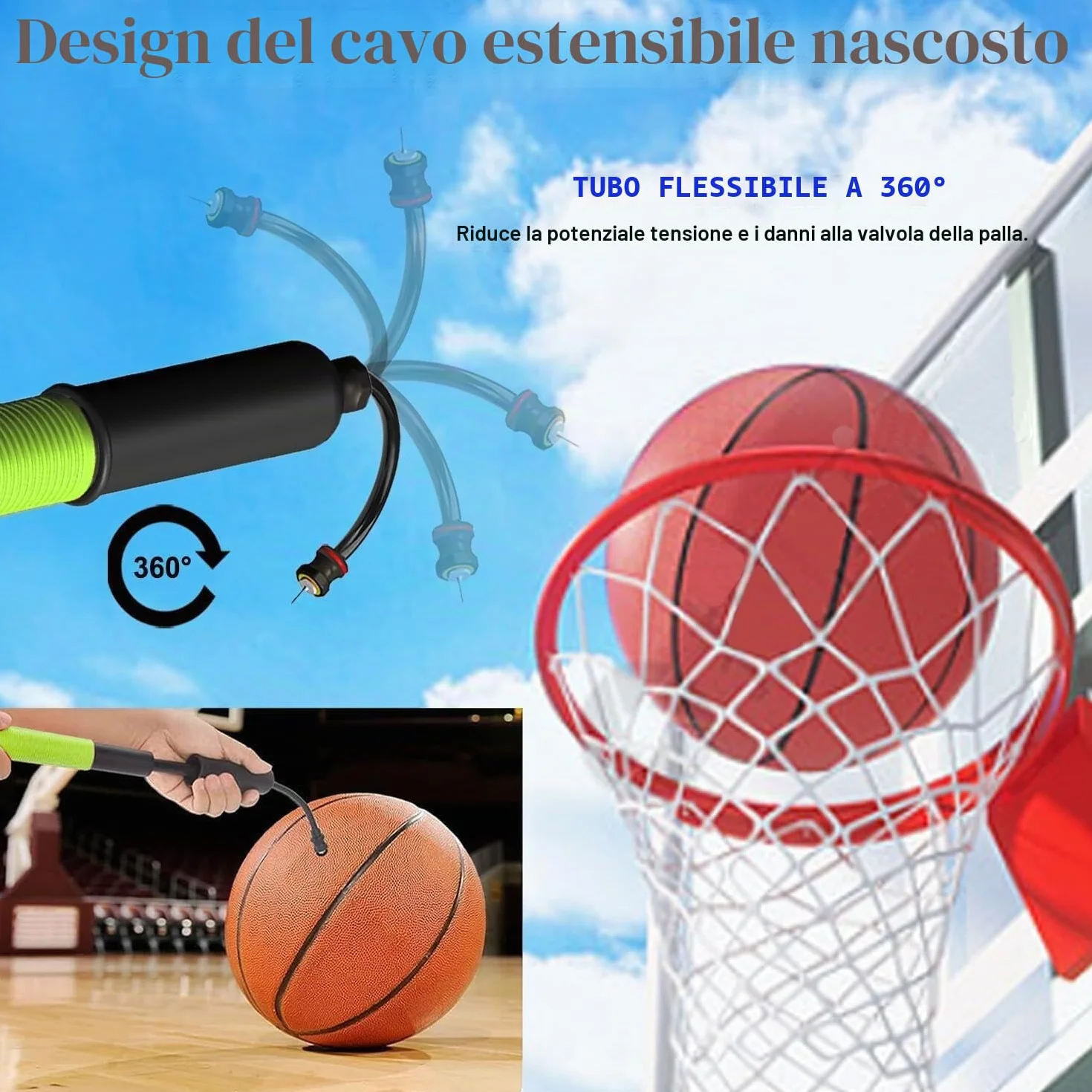 Pompa da calcio manuale con 5 aghi e cavo estensibile per palloni da calcio, pallacanestro, pallavolo