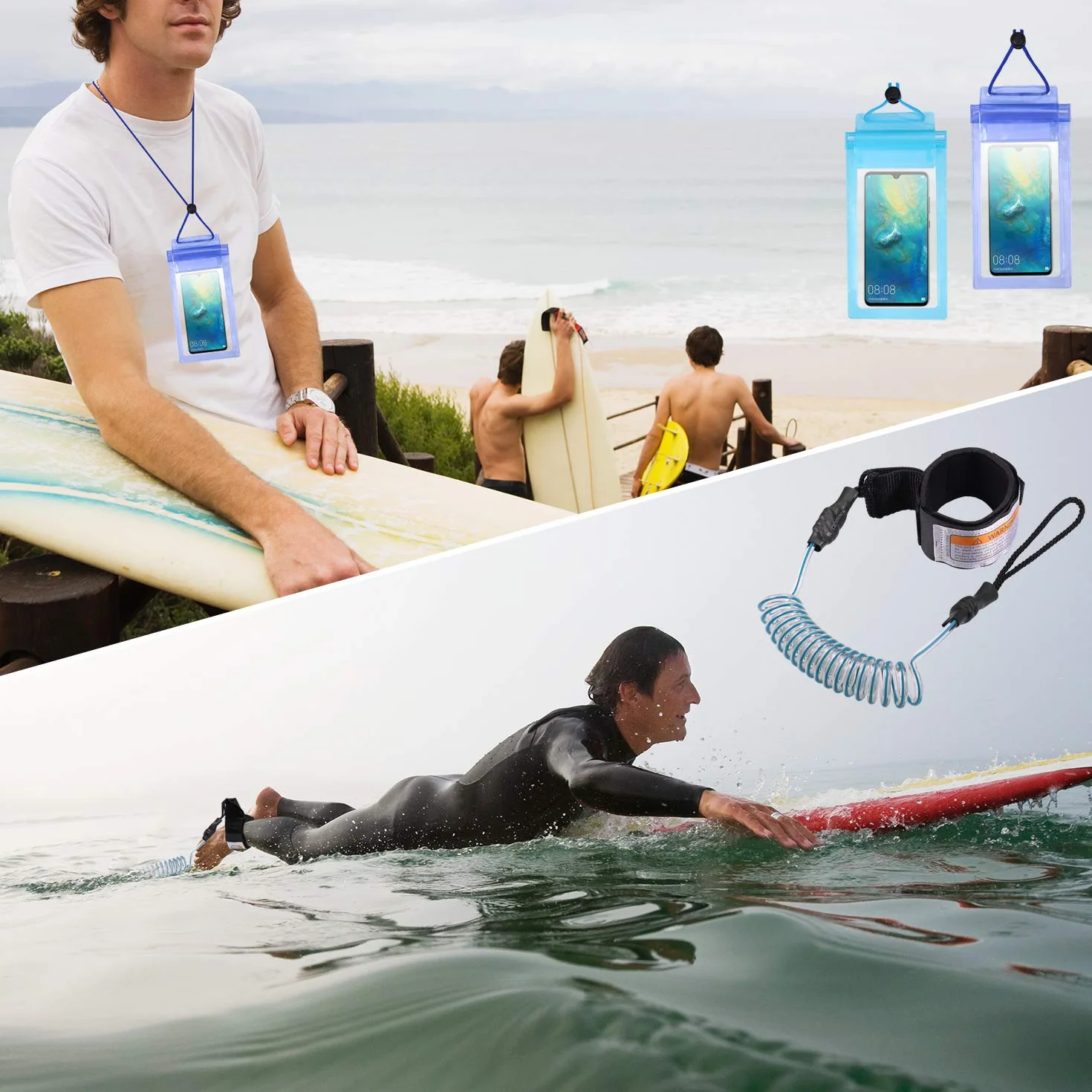 Zocipro Laccio di Sicurezza da Surf, Leash Surf Sup con 2 Pezzi Custodia Impermeabile per il Telefono, 6 Piedi SUP Guinzaglio per Surf Paddle Board, Porta Cellulare Subacquea Universale