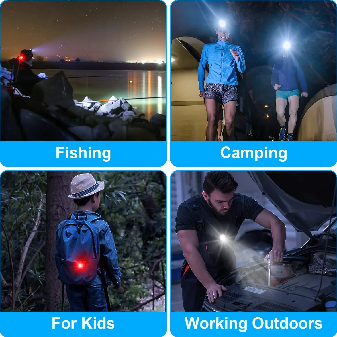 Lampada Frontale a LED Ricaricabile USB Impermeabile con Clip, 4 Modalità Torcia per Corsa Campeggio Ciclismo (2 Pezzi)