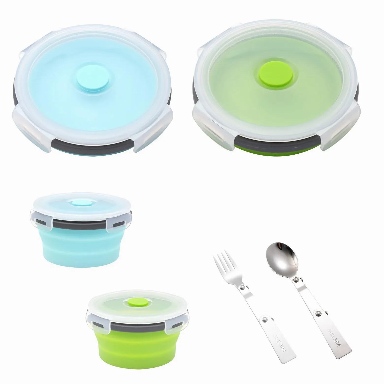 TNSLAND 2 Pezzi Ciotola Pieghevole Campeggio con coperchio, 350ML Contenitori Pieghevoli per Alimenti in Silicone, Ciotola Insalatiera Pieghevole con Coperchio per Campeggio, Escursionismo