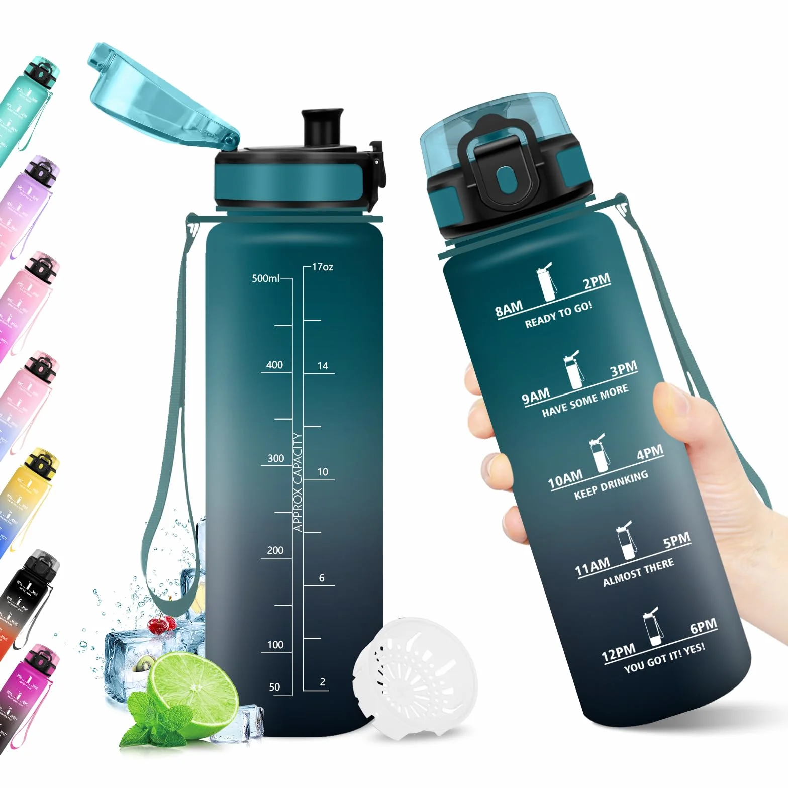 KollyKolla Borraccia 500ml Riutilizzabile con Filtro, Indicatore del Tempo, Senza BPA, A Prova di Perdite per Bambini Scuola Ufficio