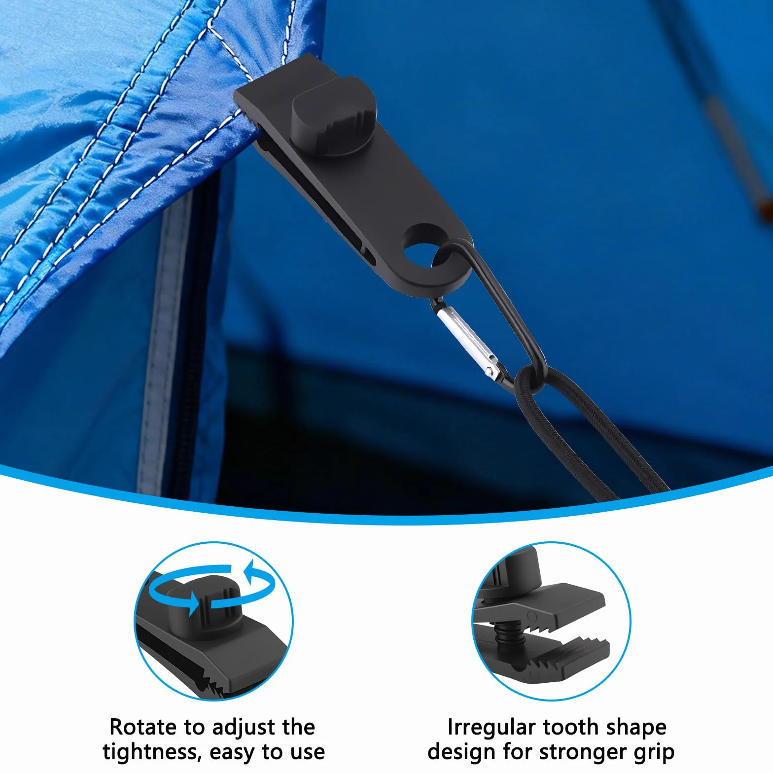 Set di Ganci per Teloni da 36 Pezzi 12 Tarp Clips + 12 Corde Elastiche + 12 Moschettoni Per Tende da Campeggio, Bivi e Teloni di Protezione · Presa Forte e Sicura