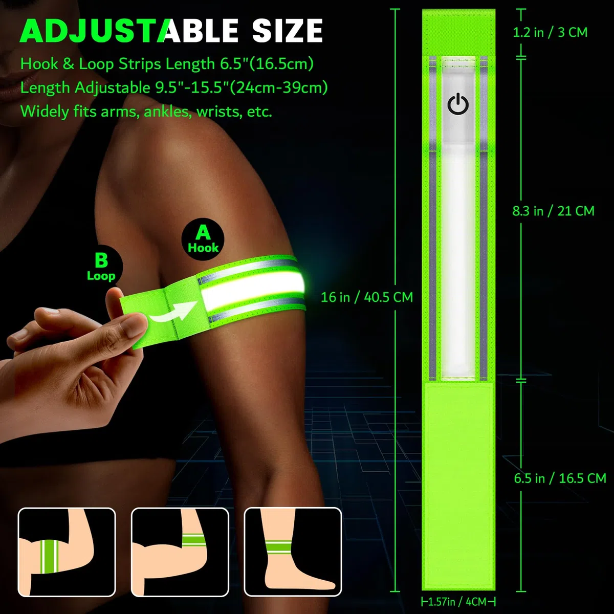 Ylzzrs Fascia da Braccio a LED per Corsa (Confezione da 2), Fasce Luminose per Passeggiate notturne, luci Ricaricabili per corridori, ad Alta visibilità, Riflettenti, Regolabili e Luminose (Green, M)