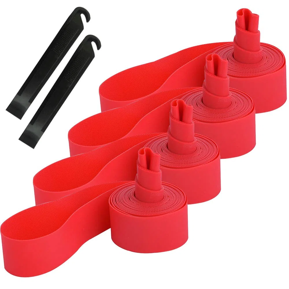 4Pcs Premium PVC Antiforatura Nastro, 700C Bike Rim Strip Rim Tape Liner, Bicicletta Protettore dei Pneumatici Antiforatura Fodera Tubo Interno Cinghia, con 2Pcs Pneumatici Leva (Rossa)