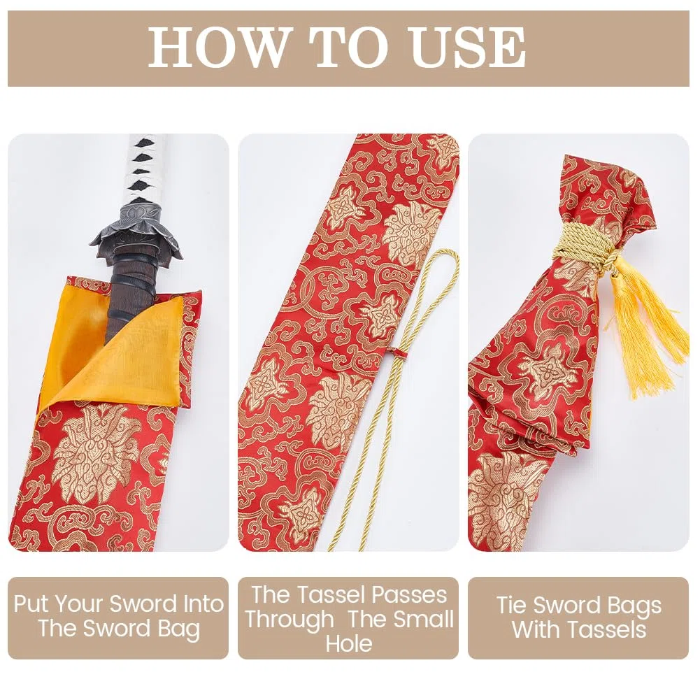 GORGECRAFT Borsa con Motivo A Spada da 135cm con Copertura in Nappa Dorata Custodia Spade da Samurai in Seta Rossa Custodia Fodero Spada Ninja Custodia Katana Cosplay Feste di Halloween