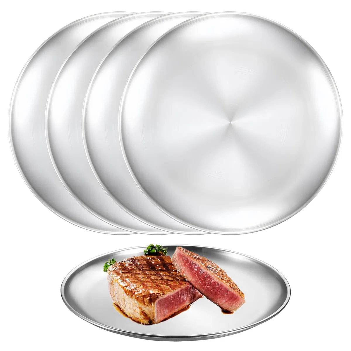 Sporgo 4 piatti in acciaio inossidabile: Φ 20 cm stoviglie rotonde in acciaio inox, piatti da campeggio, piatti da campeggio, picnic, escursioni, cucina, Par (A)