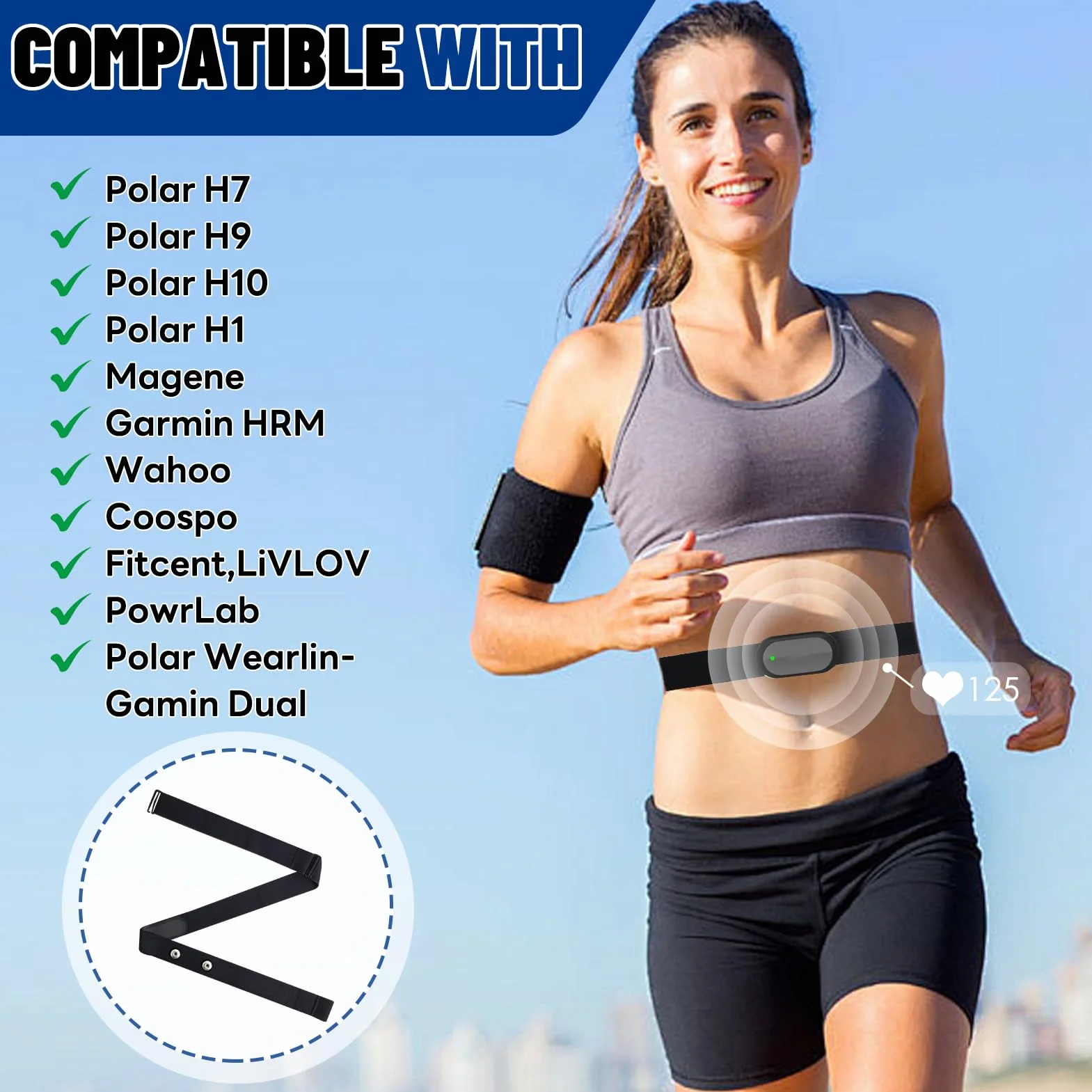 Fascia elastica regolabile per cardiofrequenzimetro (70 cm a 105 cm) compatibile con per Wahoo Polar H10 H9 Coospo Magene LIVLOV, ideale per Corsa Ciclismo