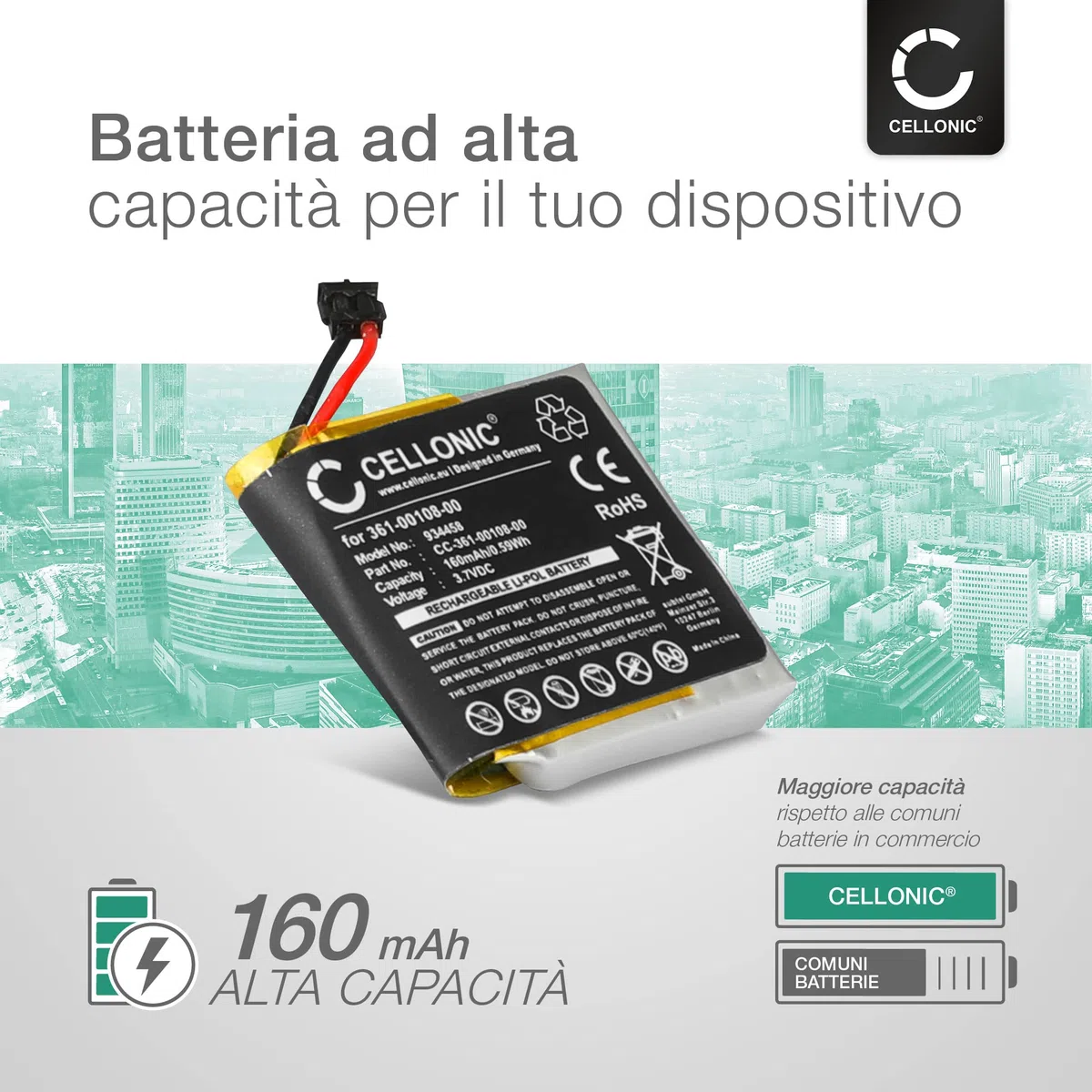 CELLONIC 1x Batteria per Smartwatch e braccialetto fitness Compatibile con Garmin vivoactive 3, 361-00108-01 – (160mAh, 3.7V)