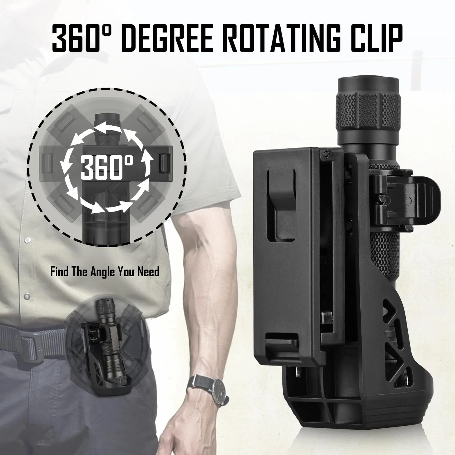 SQLJYU Ruotabile a 360 Gradi Porta Torcia Cinturone, Porta Guanti Cinturone Nero, Supporto per Torcia Tattica Militare, per Torce da 22-32 mm Fondina per Torcia