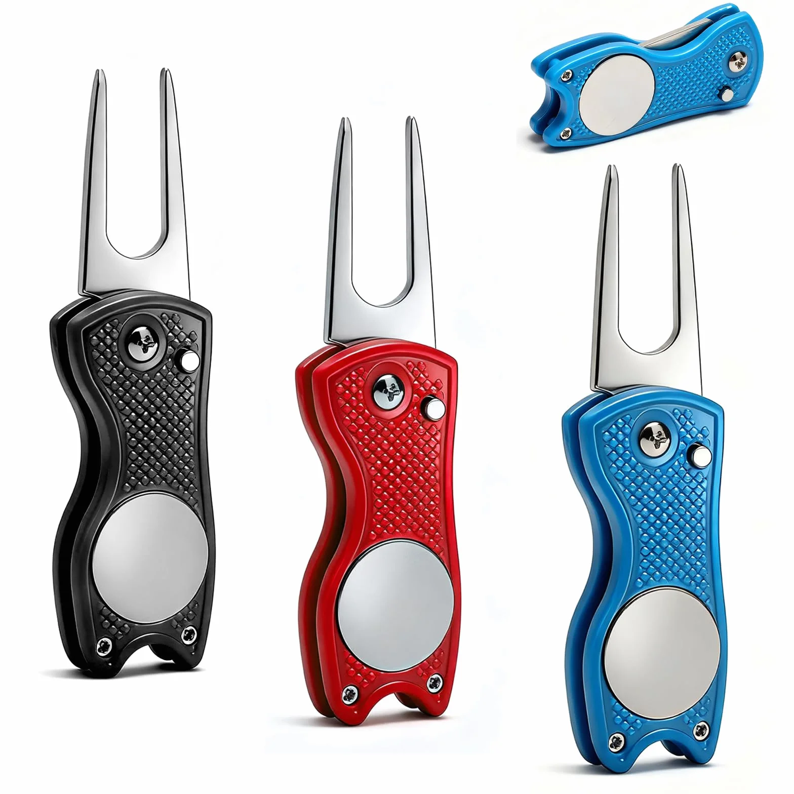 VOSSOT Set 3 Repara Pitch Golf Pieghevoli,Accessori Golf in Acciaio Inossidabile,Strumento Compatto per Divot, Green, Marcatura Palla, Regalo per Golfisti