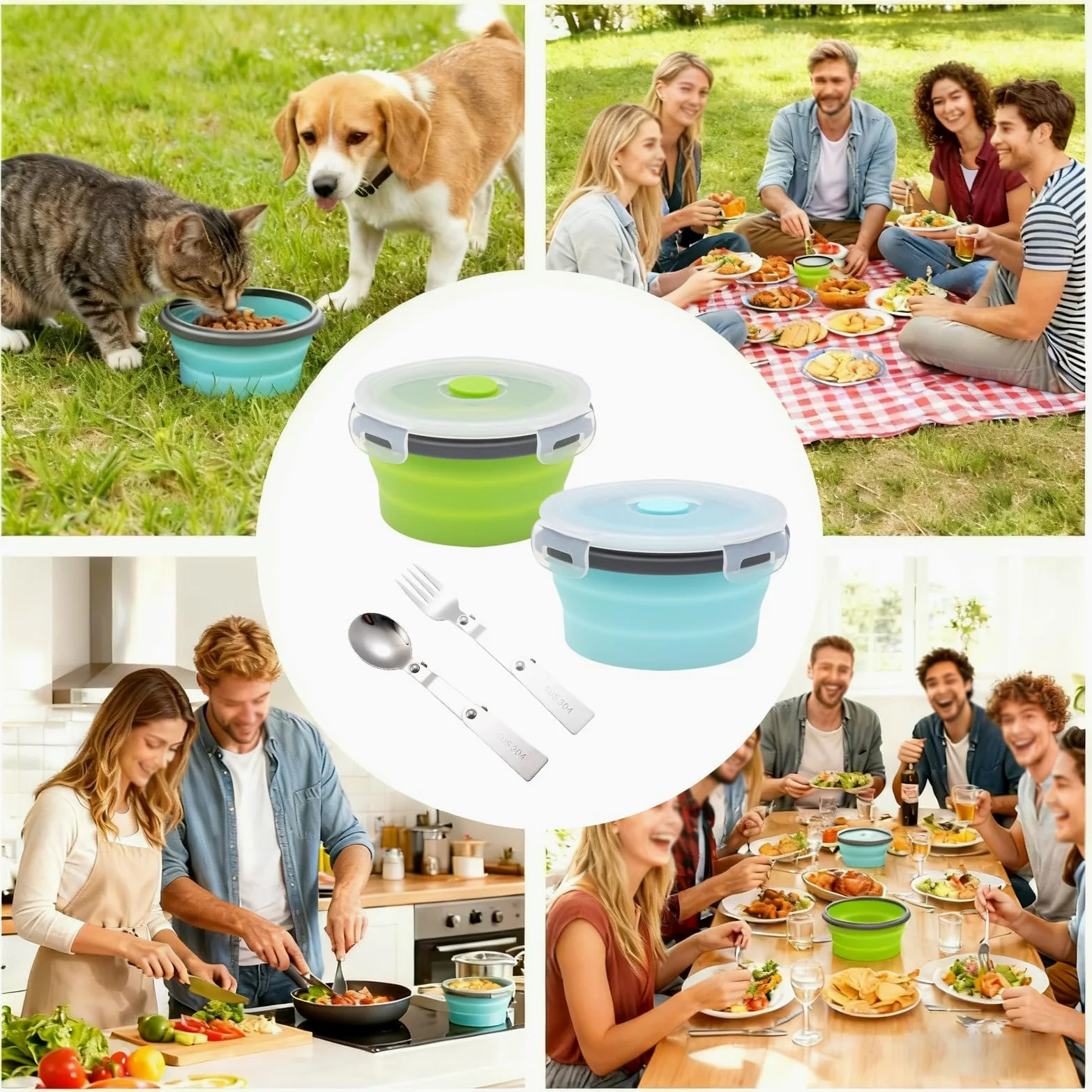 TNSLAND 2 Pezzi Ciotola Pieghevole Campeggio con coperchio, 350ML Contenitori Pieghevoli per Alimenti in Silicone, Ciotola Insalatiera Pieghevole con Coperchio per Campeggio, Escursionismo