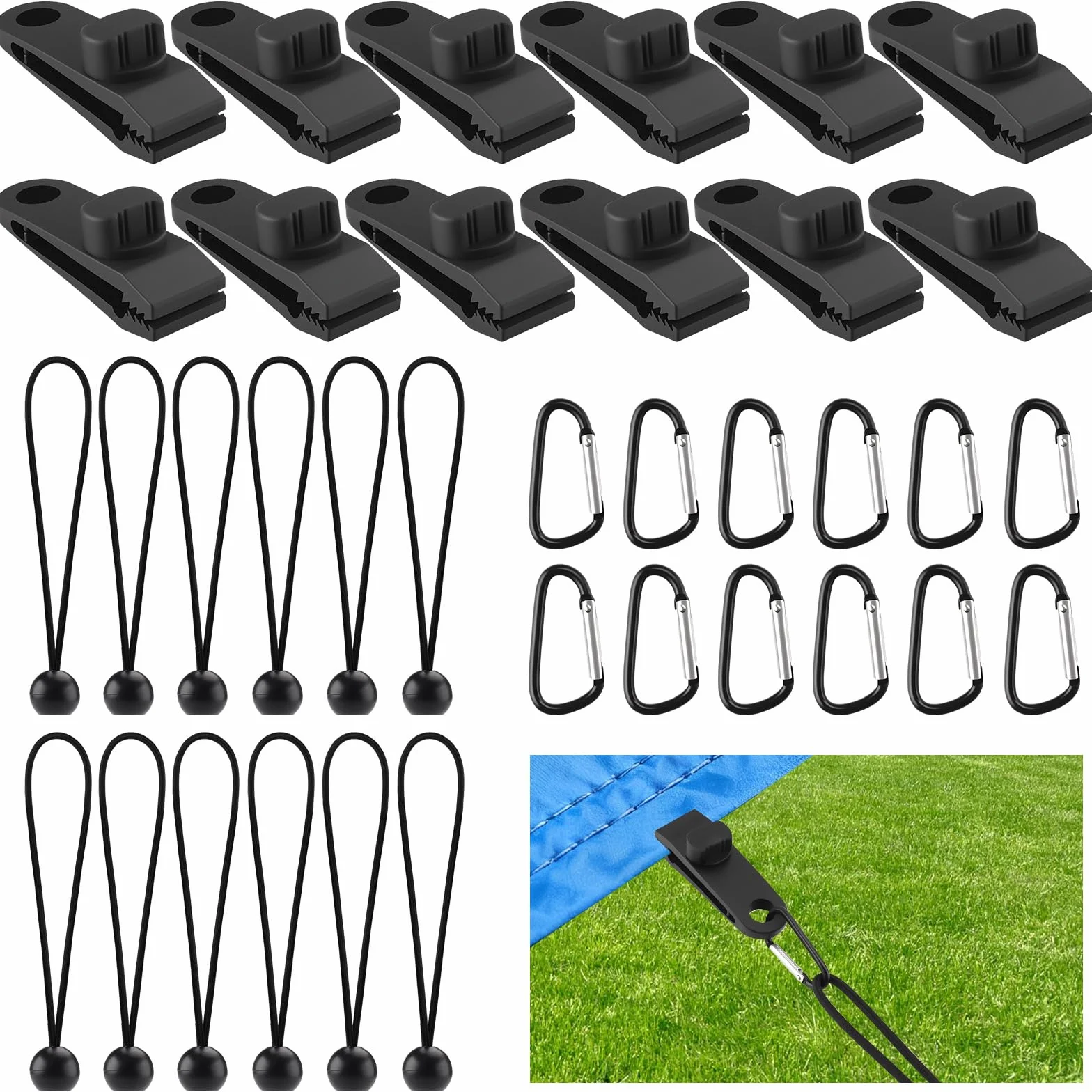 Set di Ganci per Teloni da 36 Pezzi 12 Tarp Clips + 12 Corde Elastiche + 12 Moschettoni Per Tende da Campeggio, Bivi e Teloni di Protezione · Presa Forte e Sicura