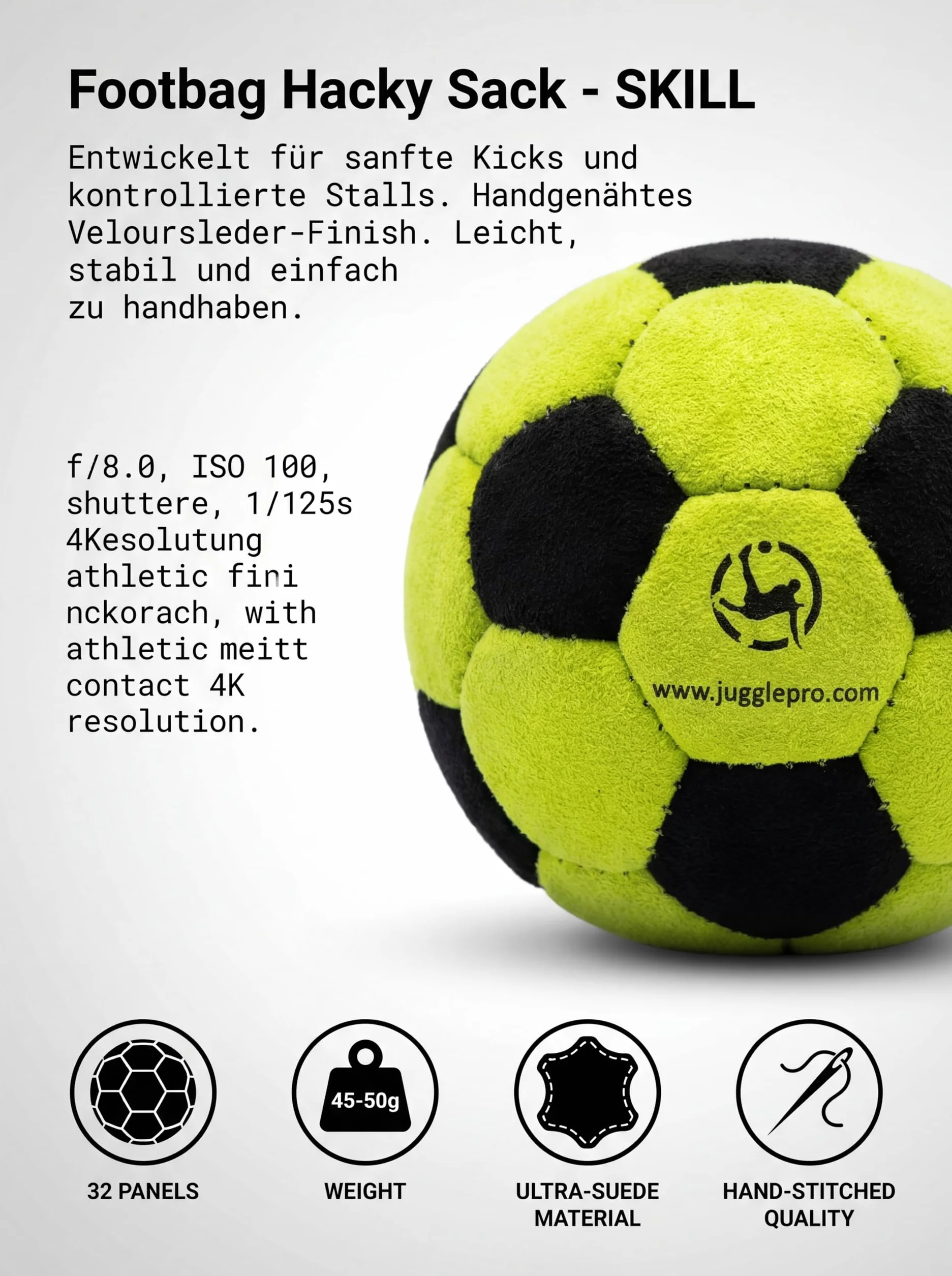Footbag Hacky Sack 32 Panel – Skill – Hacky Sack Ball in Ultra Suede (Amara), riempito con pallet in plastica EPS rinforzato cucito a mano