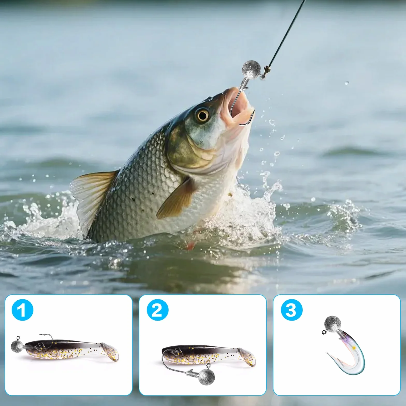 Set di 60 piccole testine jig, 7 misure di ami da pesca, ami jig per esche morbide, testine jig per esche morbide, accessori da pesca (1 g, 2 g, 3,5 g, 5 g, 7 g, 10 g, 12 g)