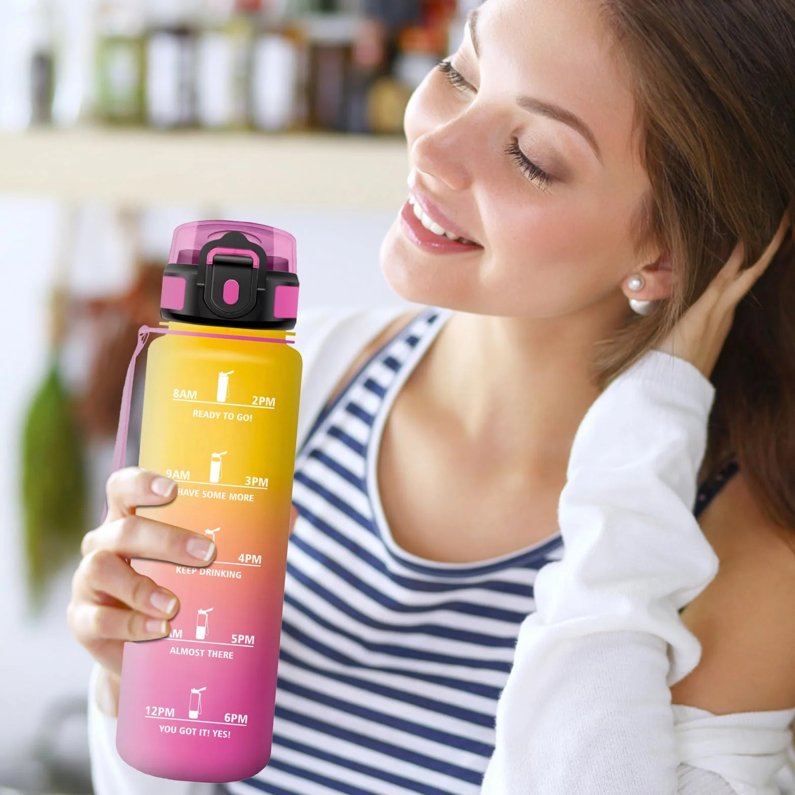 Borraccia 1L con Cannuccia, Bottiglia Acqua senza BPA con Marcatori Temporali per Scuola Ufficio