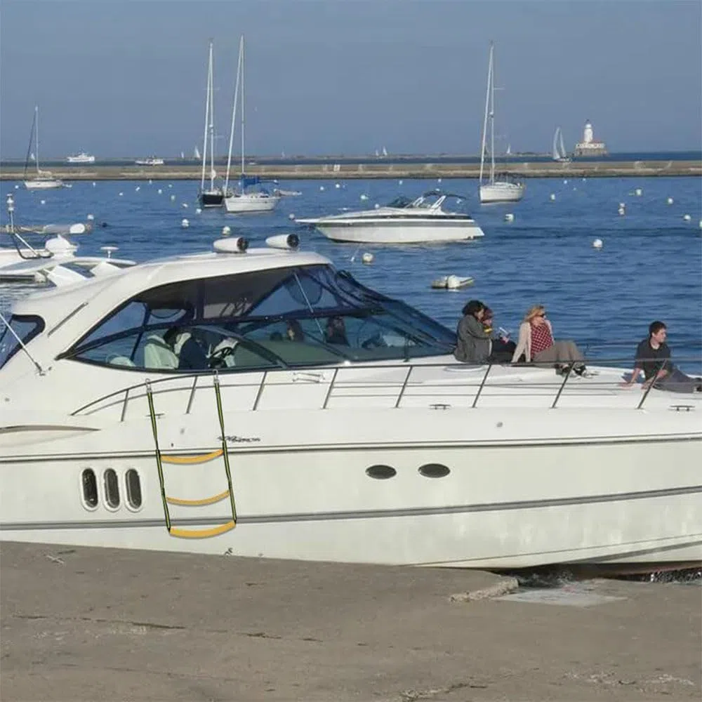 Scala portatile a tre gradini, in corda di nylon, per barca a motore, verde fluorescente, rimovibile, per caccia, gommone, kayak, motoscafo, canoa