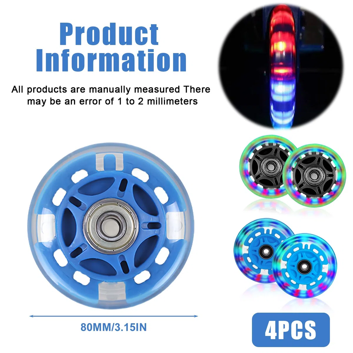 4Pcs Ruota per Monopattino 80MM, Ruote Luminose per Scooter, Ruote di Ricambio per Scooter 80MM, Stunt Scooter Ruote, con Cuscinetti a Sfera ABEC-9, Unisex Adulto (Blu + Nero)
