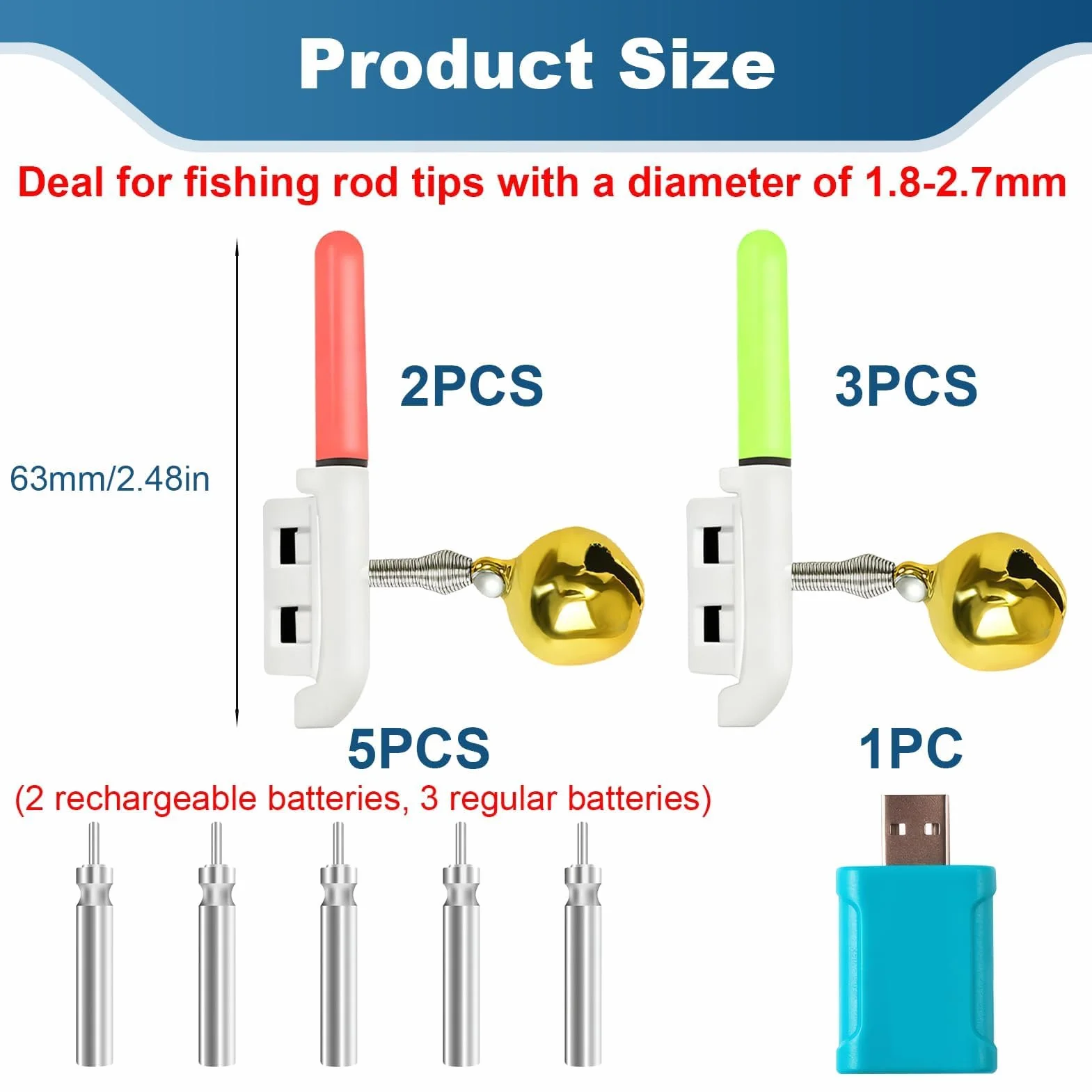 5 luci a LED da pesca, indicatore di abboccato, punta per canna da pesca, impermeabile, con fibbia di allarme, per canne da pesca, per il giorno del Ringraziamento
