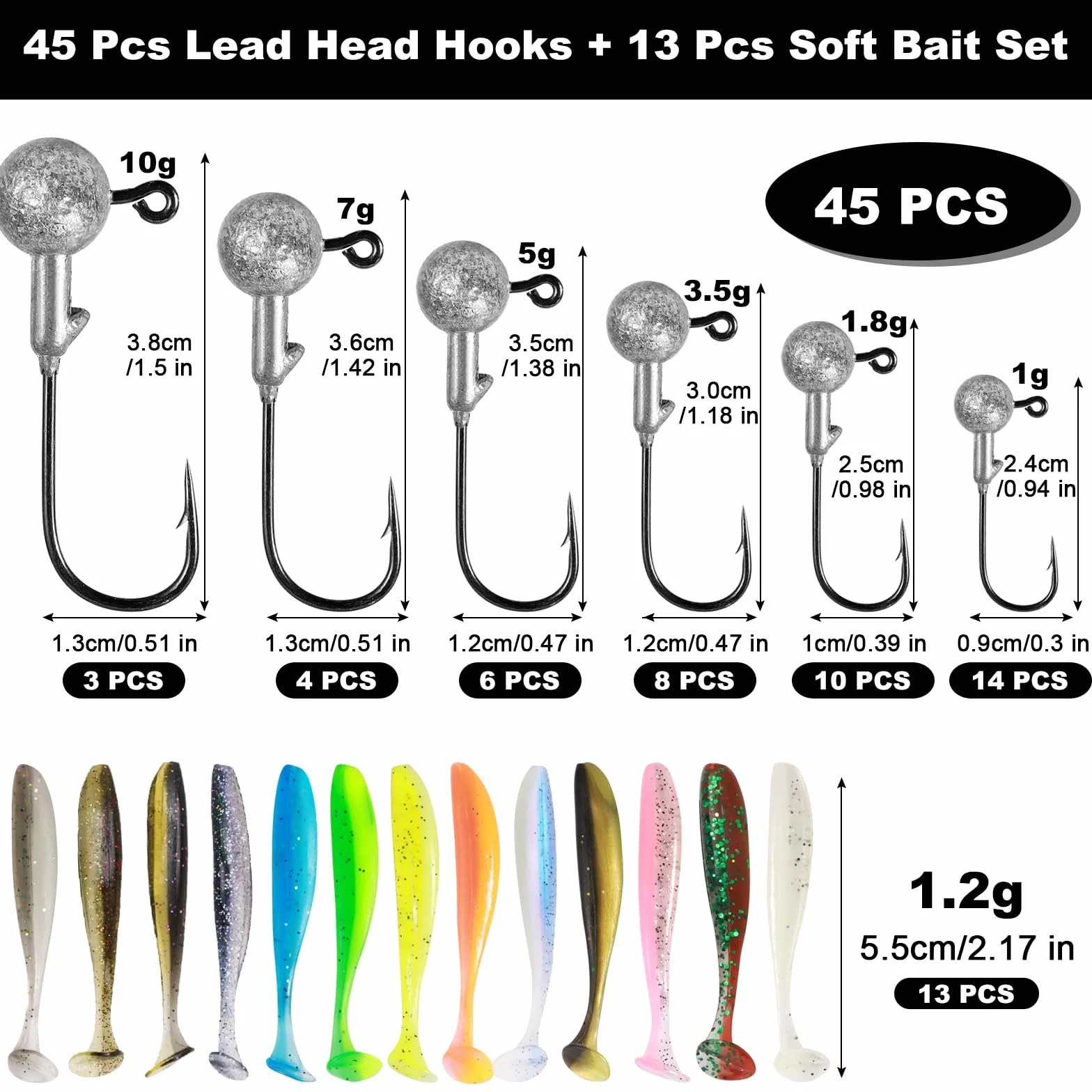 58 Pz / 6 Dimensioni Teste di Jig con esche di gomma 10g/7g/5g/3,5g/1,8g/1g Ganci da pesca con palline di piombo rotonde Esche morbide realistiche bicolori per acqua dolce salata per persico