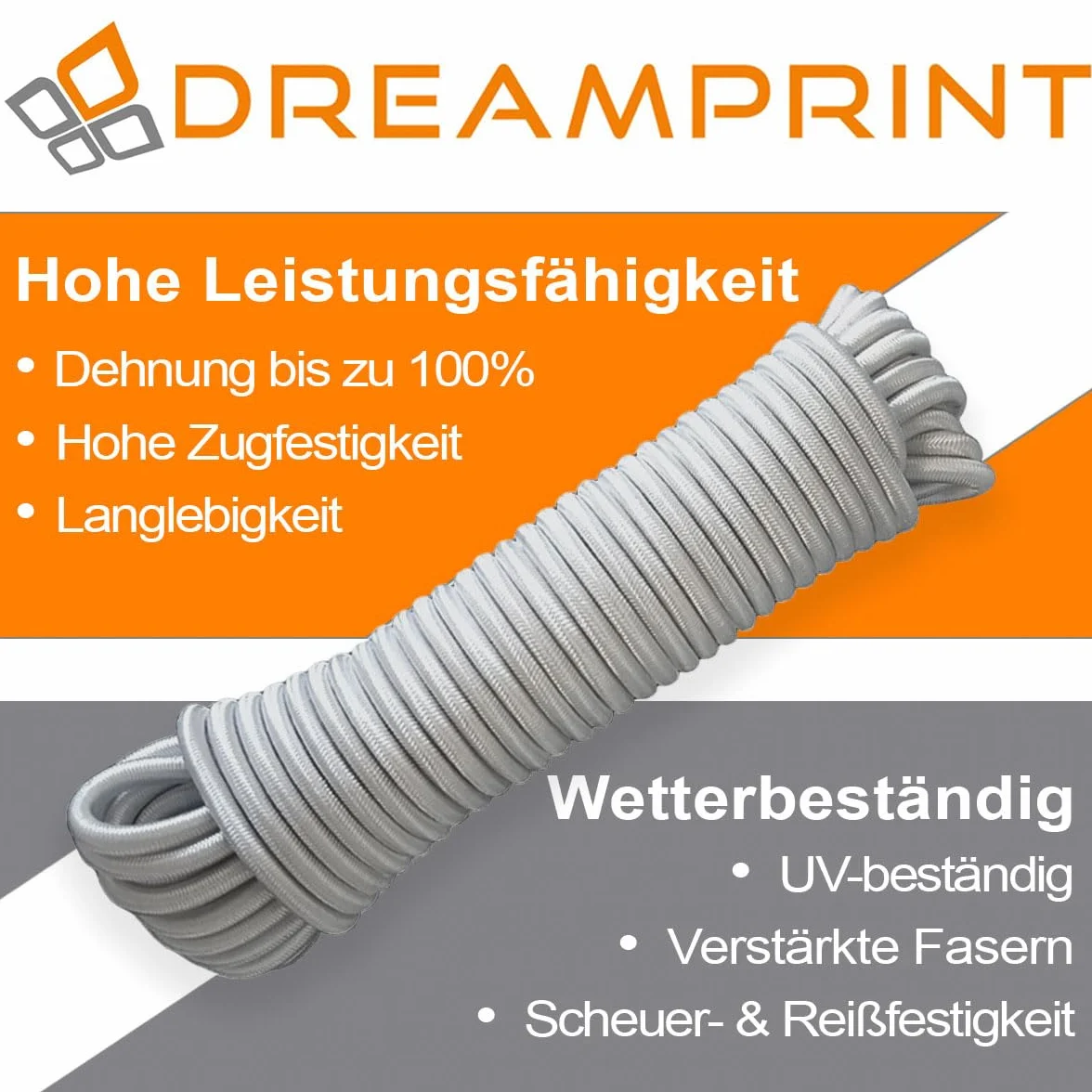Dreamprint Espansore Corda 10m Grigia - Corda elastica versatile da 8mm Ø per interni ed esterni - Flessibile per fissaggio carico, coperture, campeggio e attività all'aperto