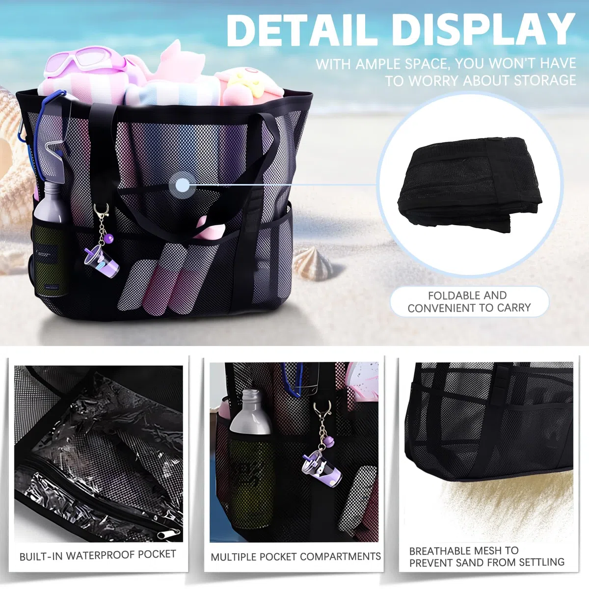 CIYIN Borsa spiaggia in Rete Donna, Borsa da Spiaggia da Donna XXL Famiglia,Borsa da Doccia,Leggera e Traspirante per Piscina, Vacanze & Spiaggia (43 * 21 * 39 cm)